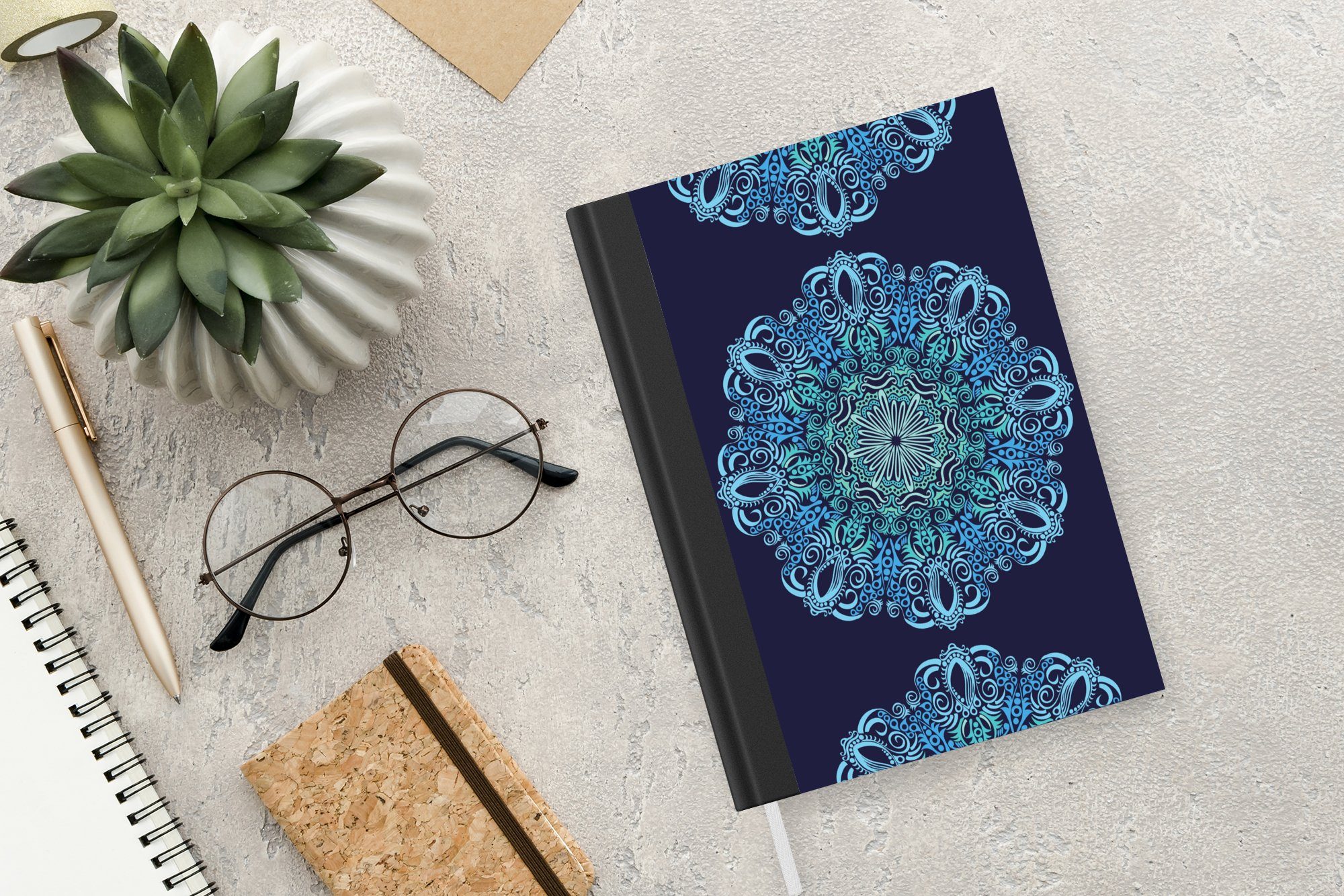 MuchoWow Notizbuch Tagebuch, Merkzettel, - Blau A5, Muster, Mandala 98 Seiten, Haushaltsbuch Journal, Notizheft, 