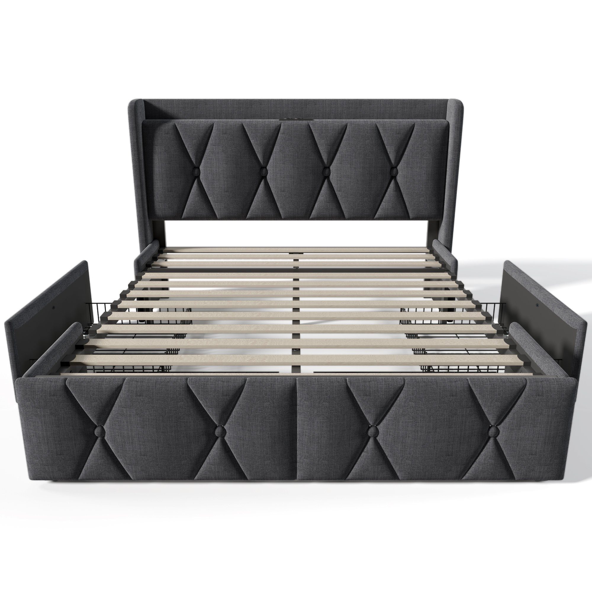 Polsterbett (Doppelbett Stauraumbett 160x200cm mit Lattenrost), mit Steckdose & USB Ladefunktion Kopfteil und 4 Schubladen, Leinen