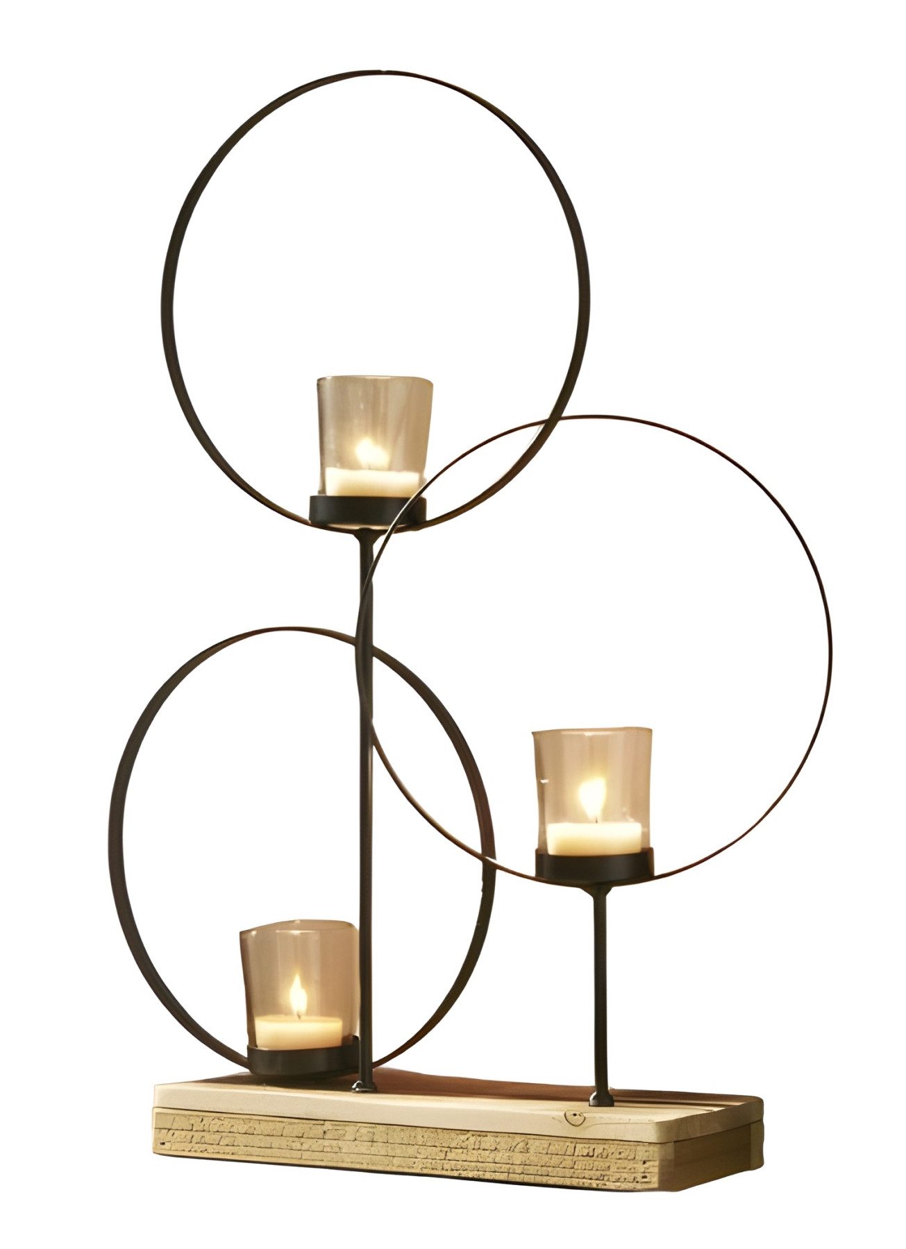 Windlicht "Ringe" aus Metall schwarz mit Sockel aus recyceltem Holz für 1 oder 3