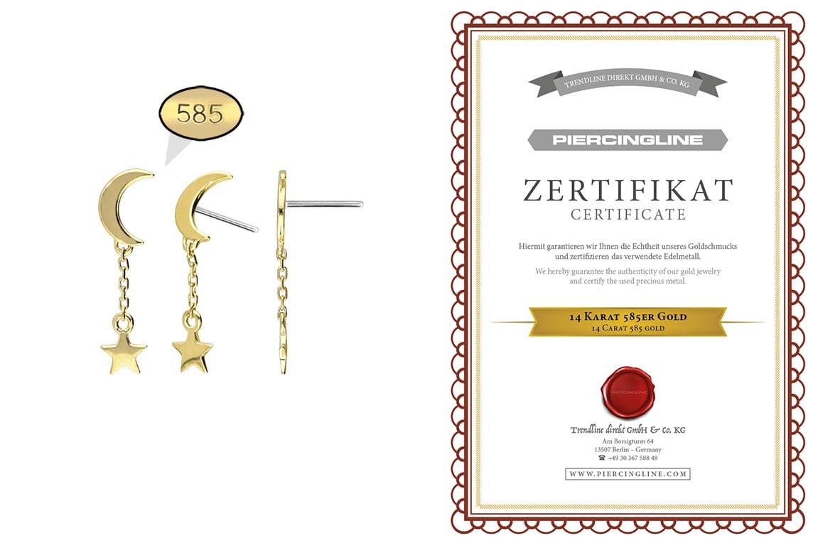 PIERCINGLINE Piercing-Set 14 Karat Gold Aufsatz mit Titan Push Pin MOND + STERN (Push Pins, 1-tlg)