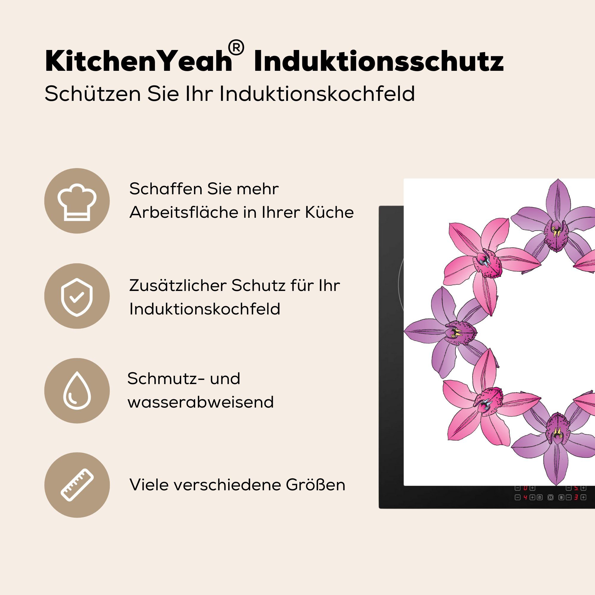 von cm, und von Ceranfeldabdeckung, rosa 78x78 Vektor-Illustration einem für Eine tlg), (1 Kranz Orchideen, lila Arbeitsplatte Herdblende-/Abdeckplatte MuchoWow küche Vinyl,