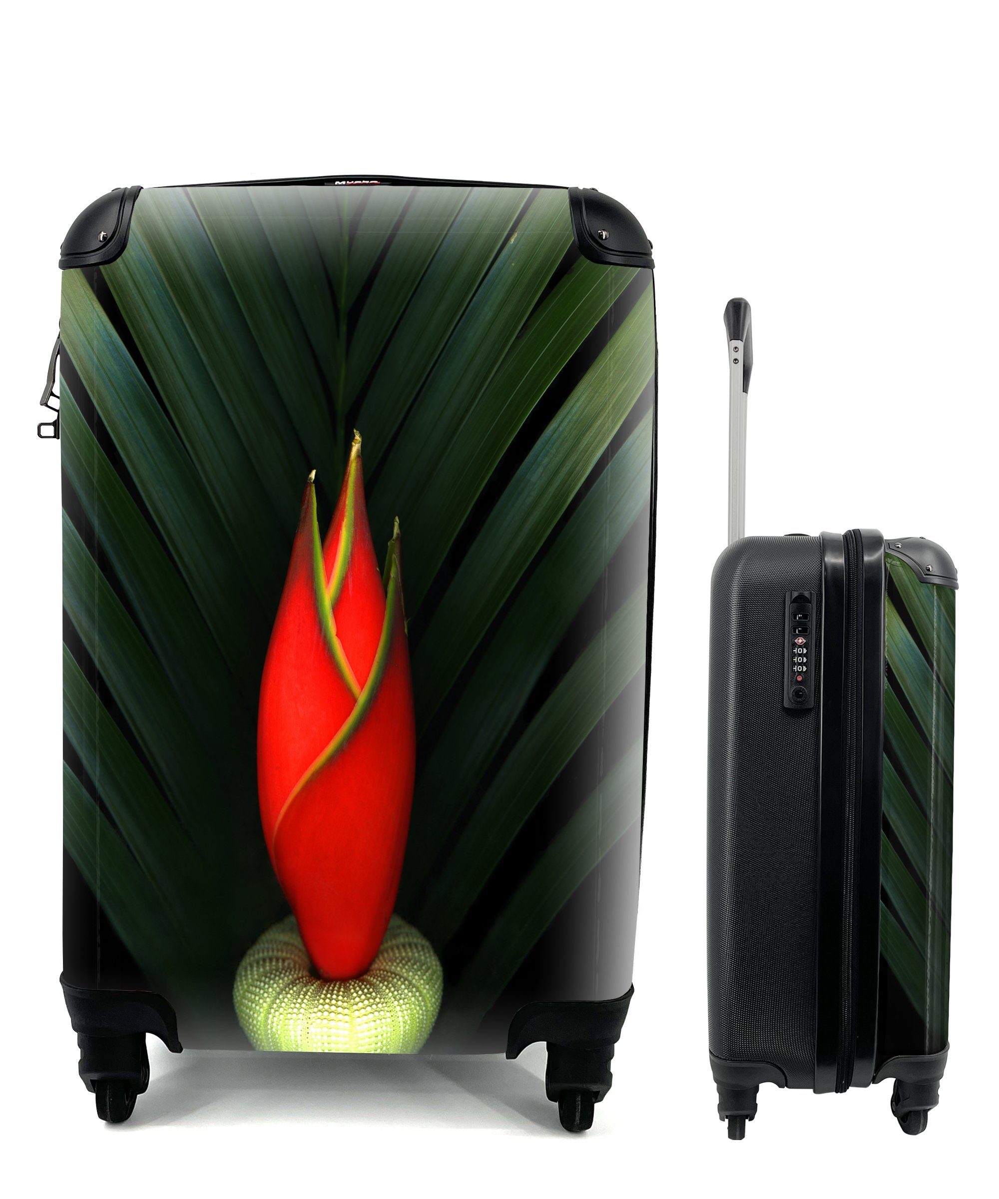 MuchoWow Handgepäckkoffer Paradiesvogelblume auf schwarzem Hintergrund, 4 Rollen, Reisetasche mit rollen, Handgepäck für Ferien, Trolley, Reisekoffer