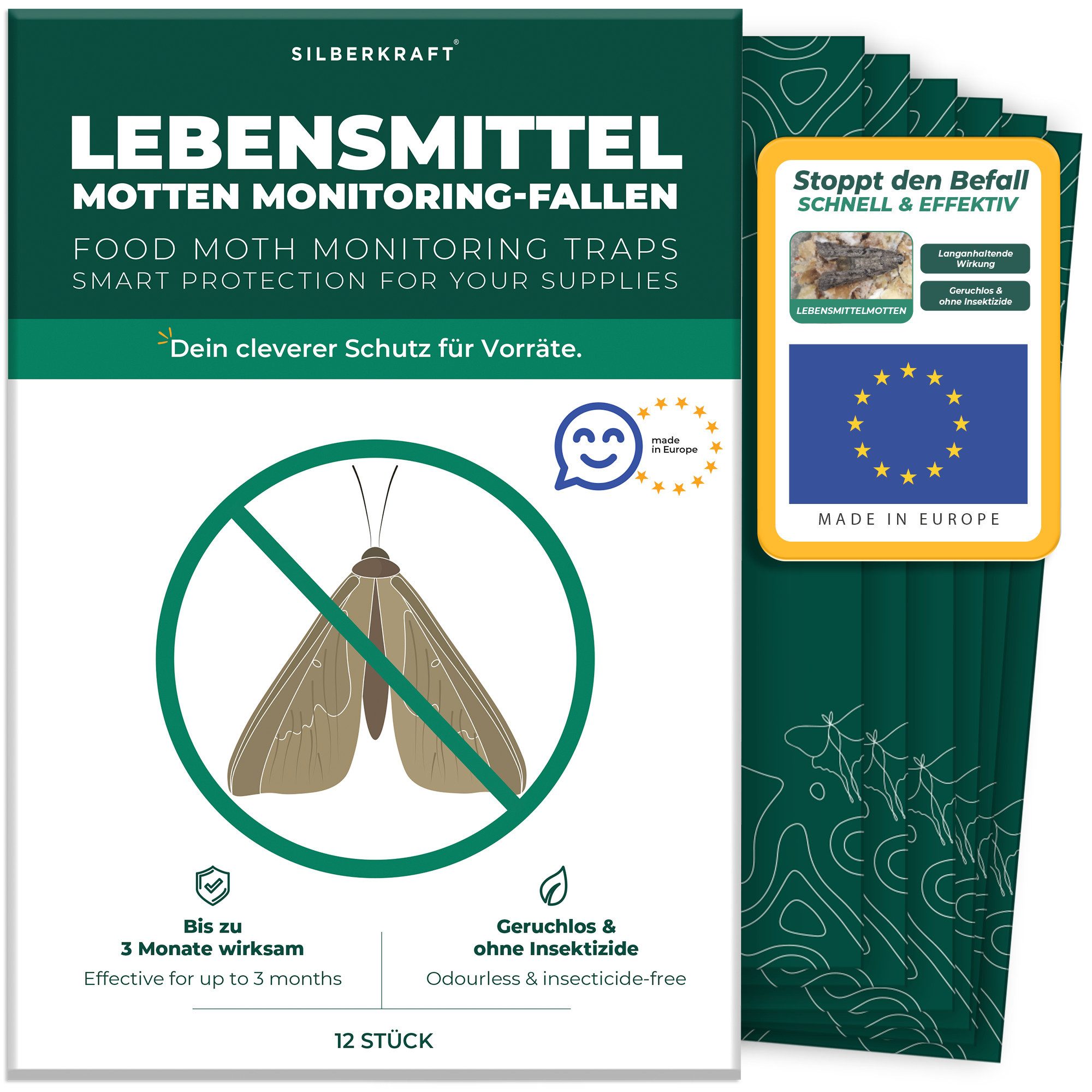Silberkraft Insektenfalle Lebensmittelmottenfallen 12 Stück inkl. Gratis E-Book per QR-Code, Pheromon-Leimfallen zur Befallsüberwachung von Lebensmittelmotten