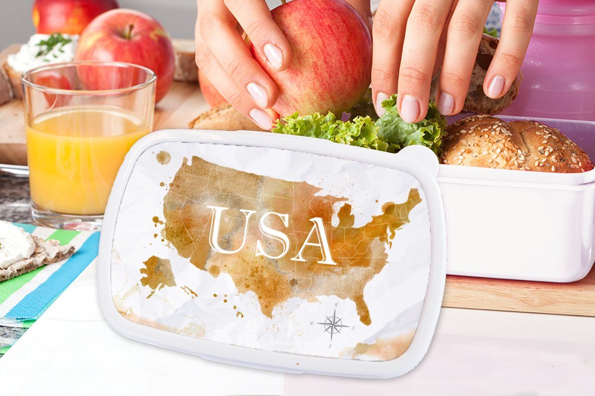 Kunststoff, Weltkarte Mädchen - Ölfarbe, weiß für Erwachsene, Brotdose, und Vereinigte Brotbox Kinder für Jungs Lunchbox - (2-tlg), MuchoWow und Staaten