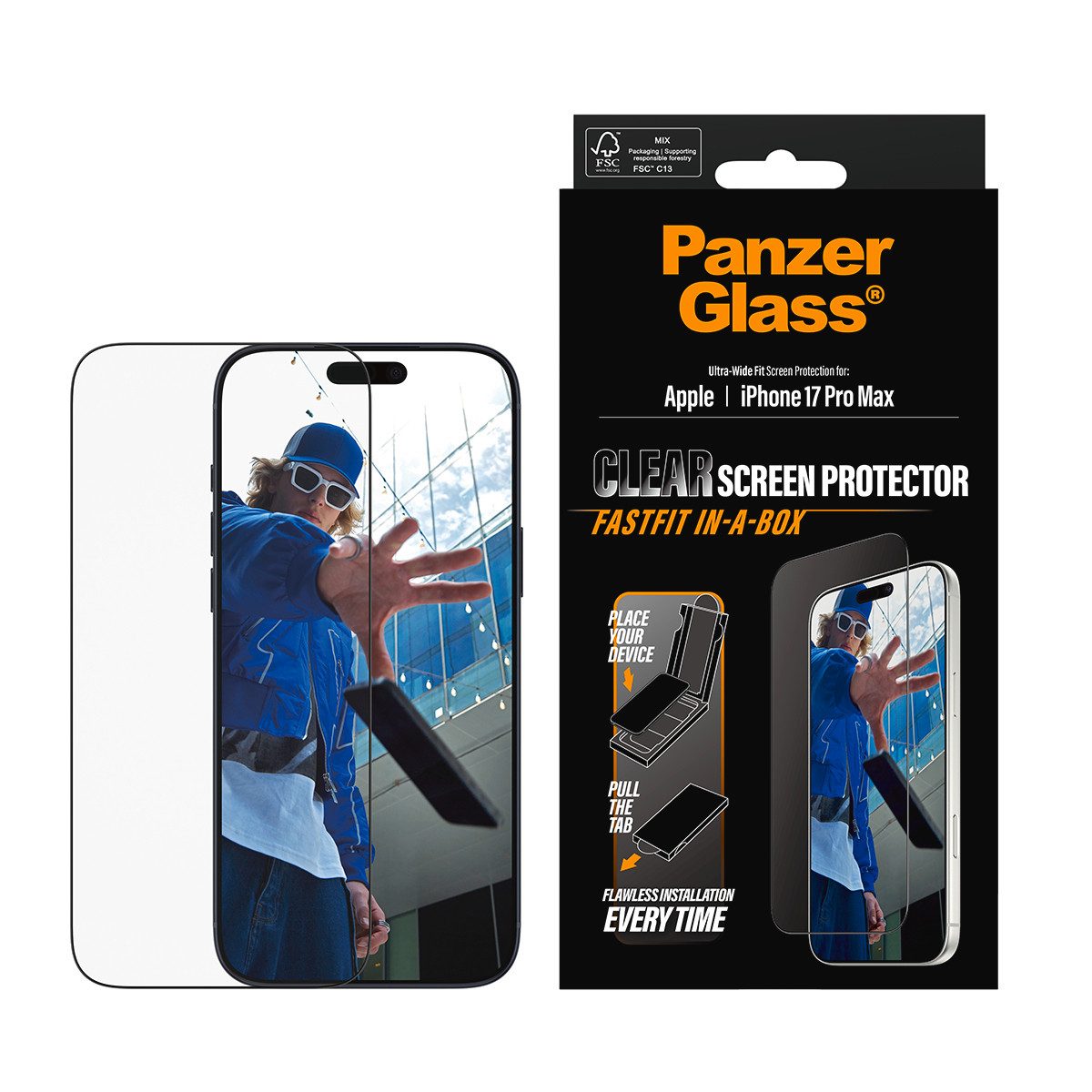 CARE by PanzerGlass Displayschutzglas Ultra-Wide Fit Screen Protector FASTFIT IN-A-BOX für Apple iPhone 17 Pro Max, Displayschutzfolie, Schutzfolie, Bildschirmschutz, kratz- & stoßfest