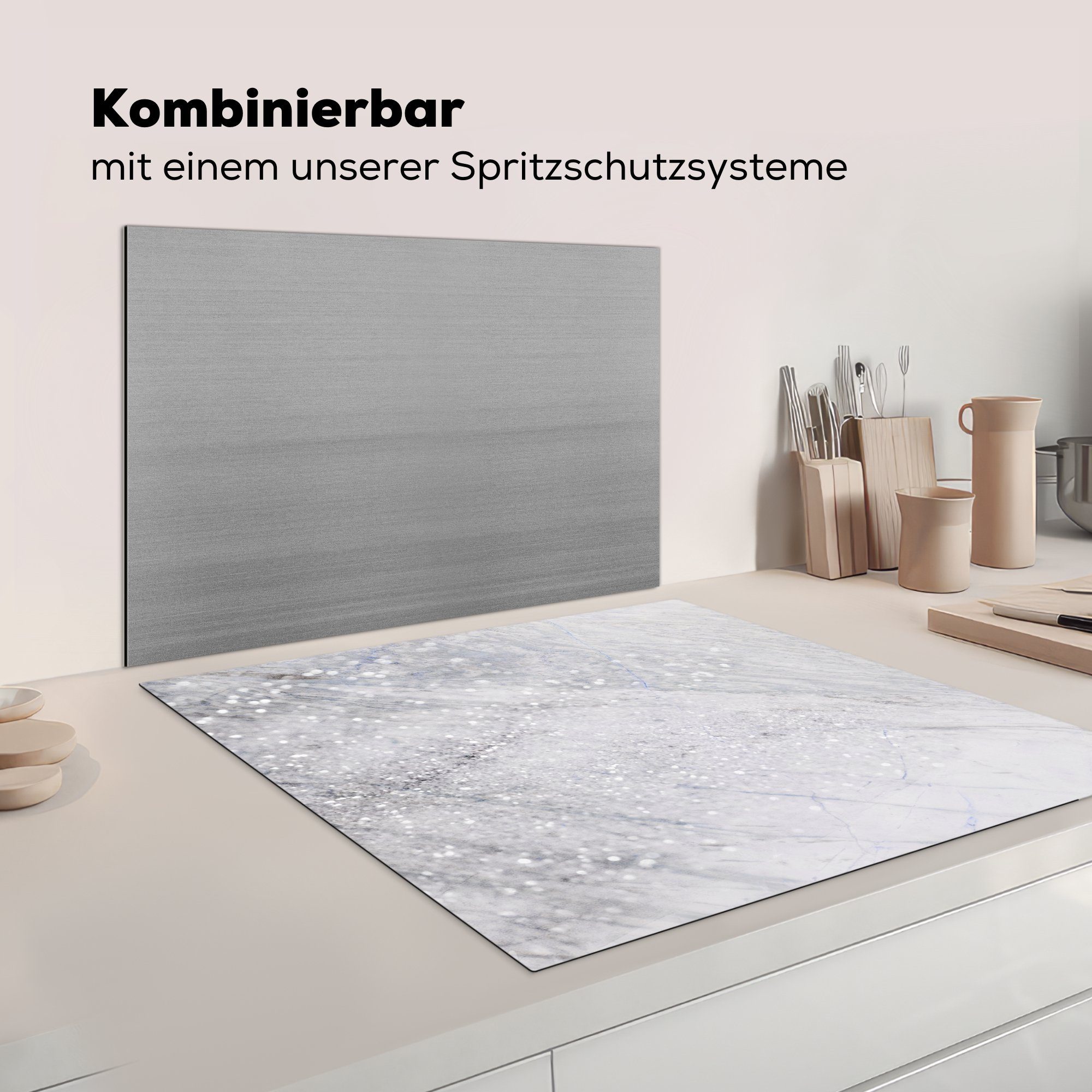 Marmor - cm, Vinyl, (1 78x78 küche Glitter Herdblende-/Abdeckplatte - Silber, für Arbeitsplatte MuchoWow tlg), Ceranfeldabdeckung,