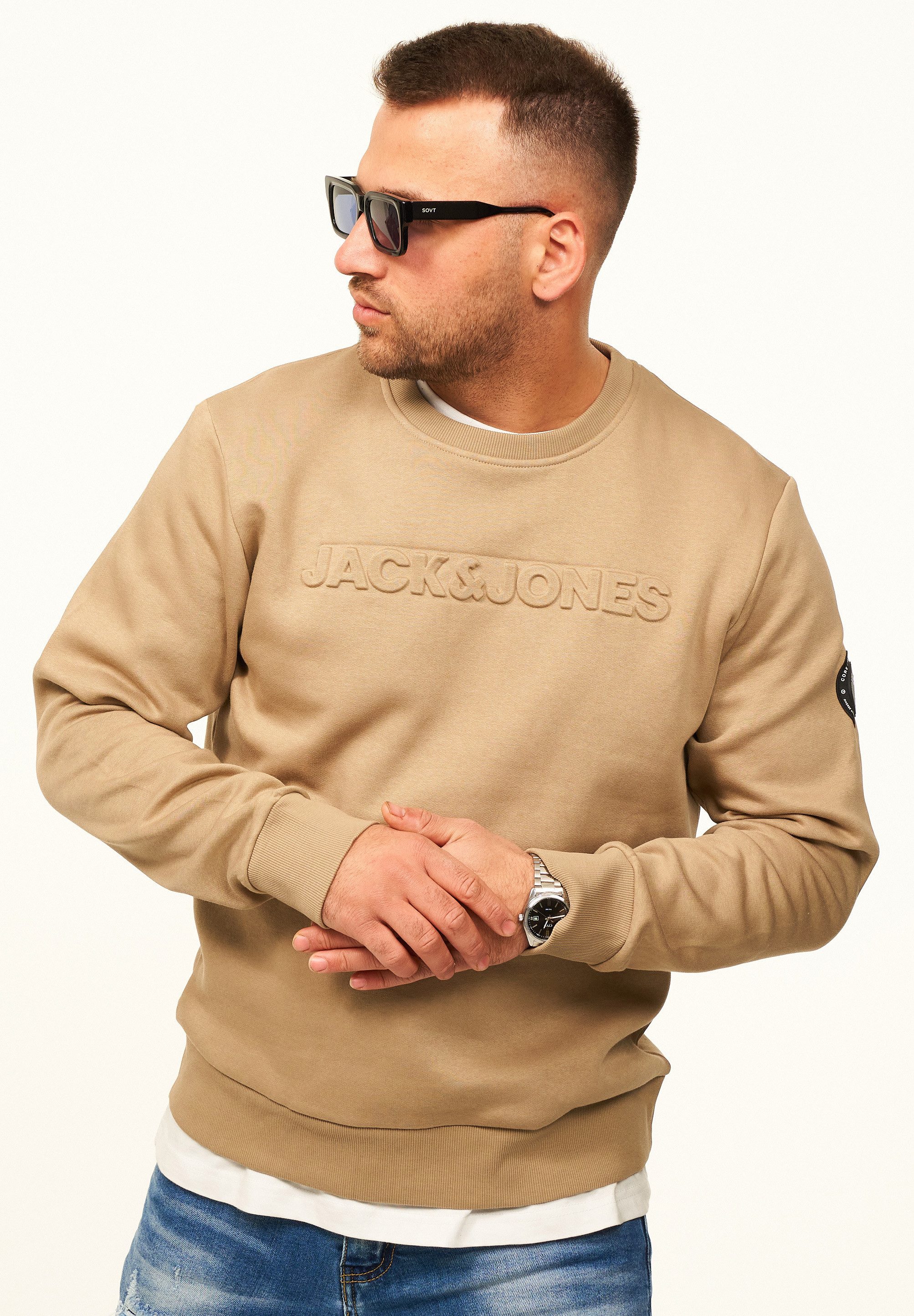 Jack & Jones Sweatshirt Pullover - Rundhalspullover mit Crew-Neck im Regular Fit für Herren Männer Sweatpullover mit Logo & Patch aus Baumwollmischung