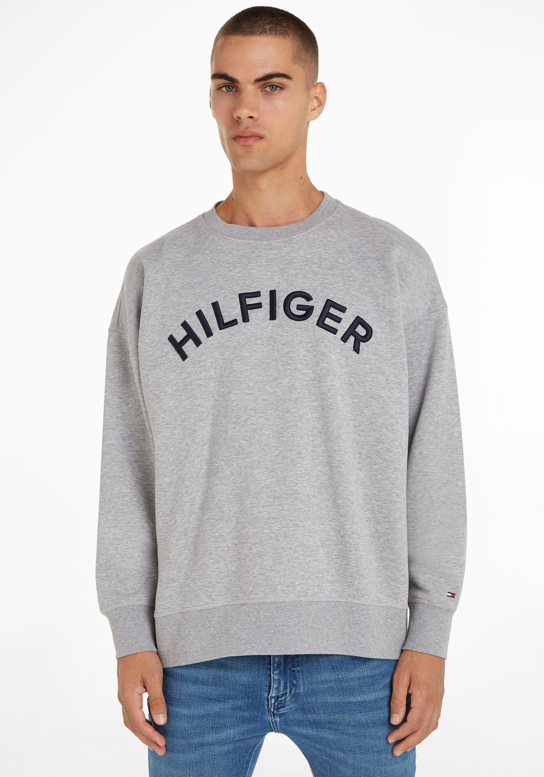 Tommy Hilfiger Sweatshirt HILFIGER ARCHED CREWNECK mit Rippbündchen Light Grey Heather