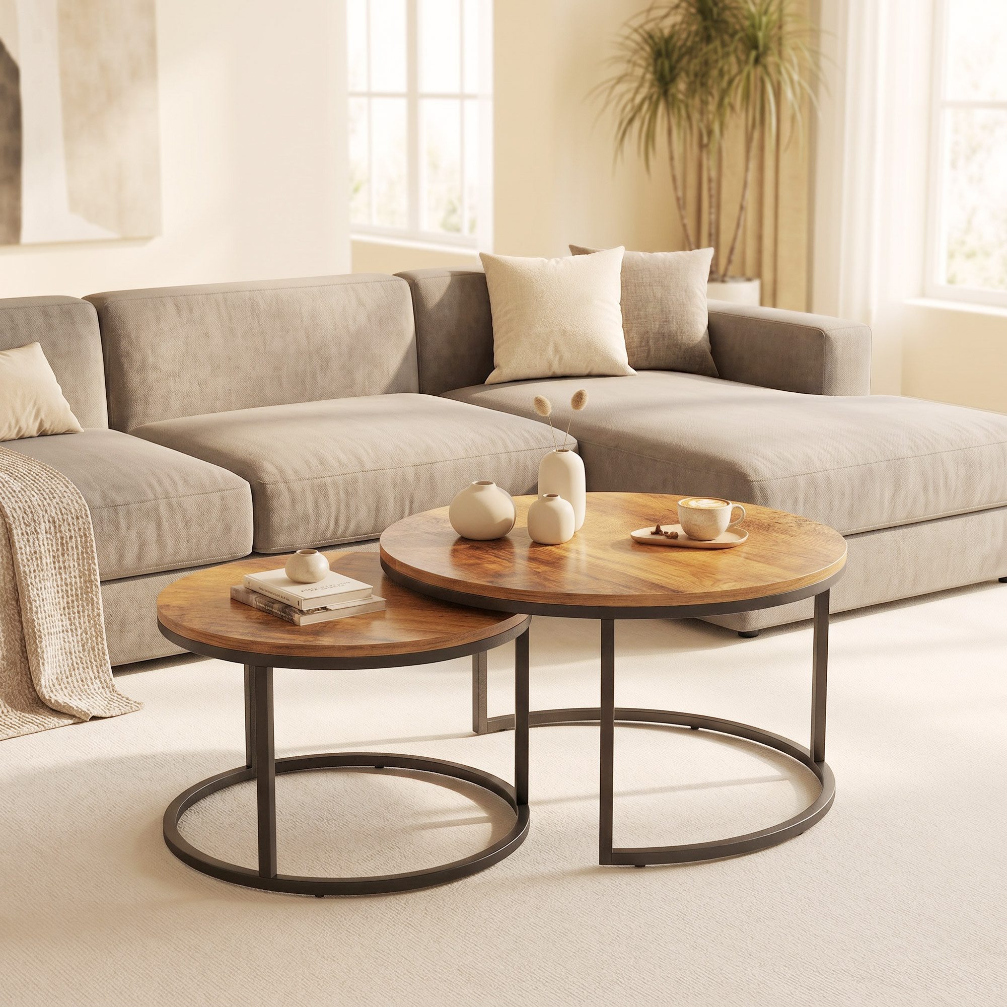 OKWISH Couchtisch Rundes Tischset 2-teilig Braun mit Metallrahmen im Industriestil (Packung, 2-St., Moderne Ablagetische mit stabilem Metallgestell), Beistelltische für Wohnzimmer und Schlafzimmer geeignet