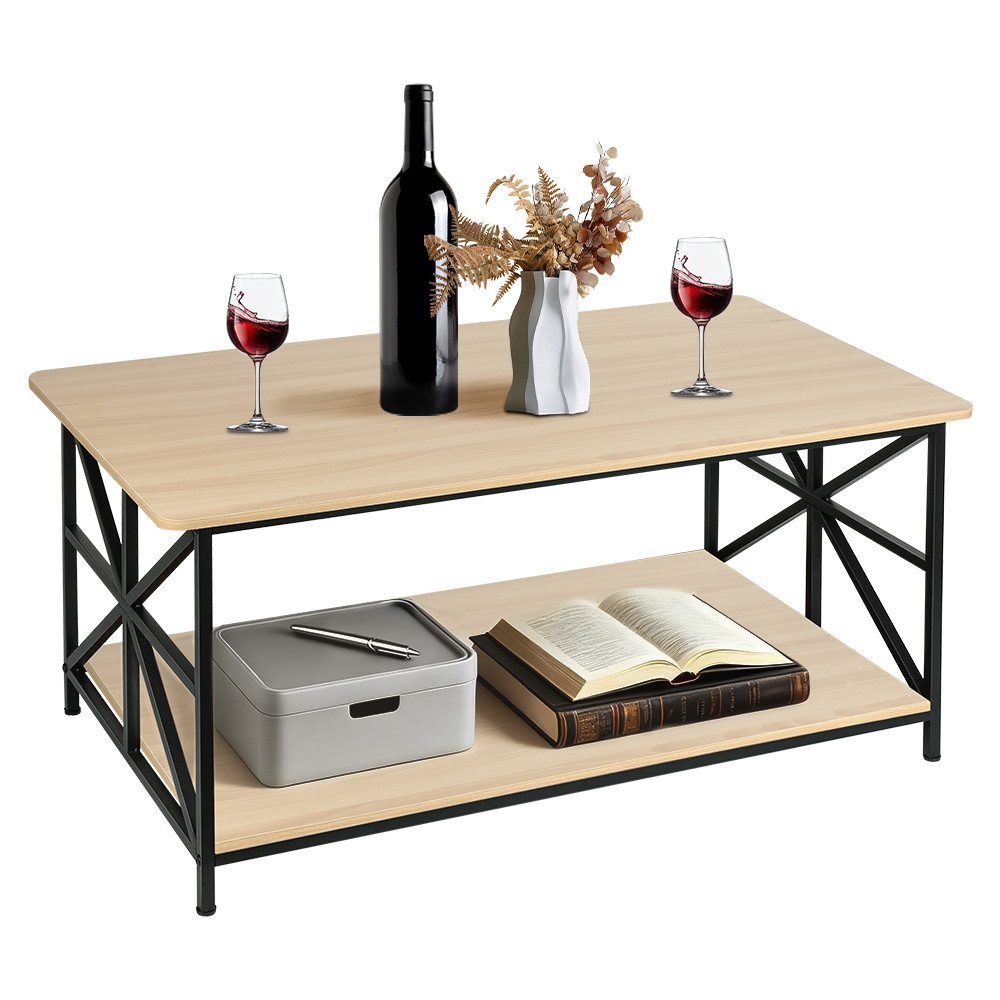 JEOBEST Couchtisch Wohnzimmertisch Holz mit offenes Fach, Sofatisch Rechteckig, (2-stöckiger) Rustikales Design 100x52x47.5cm