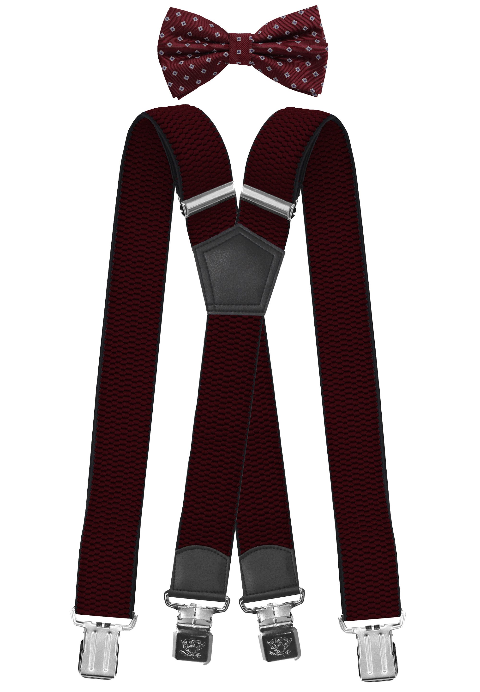Fabio Farini Hosenträger Herren Hosenträger Pack 4cm X-Form mit passender Fliege Set Brombeer 4cm Hosenträger - Brombeer/Silber/Lila Gepunktet Fliege