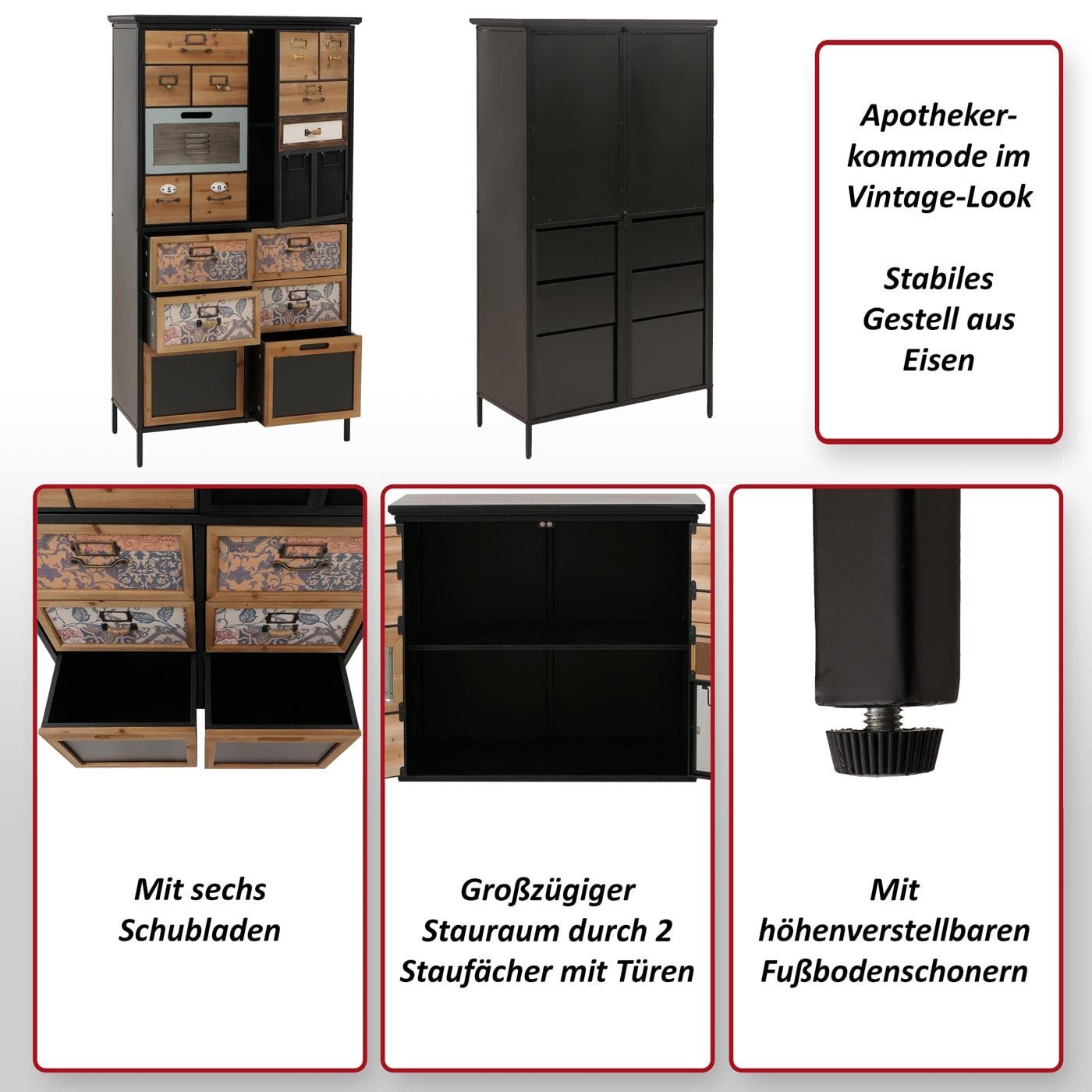 MCW Apothekerschrank MCW-O80-nbw Mit sechs Schubladen, Im Vintage-Look