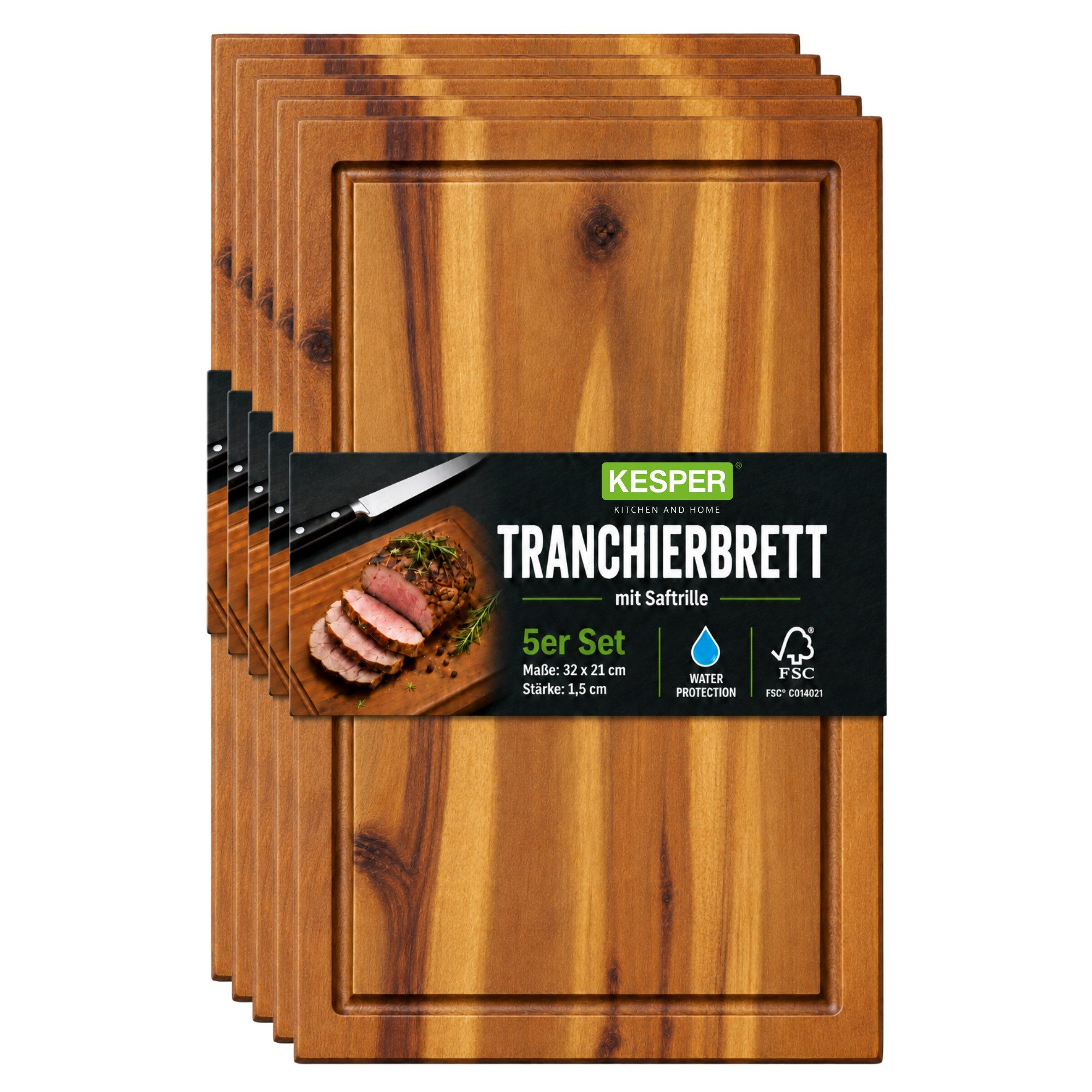 KESPER® Schneidebrett Servierbrett, Akazie, FSC, Akazienholz, (Set, 5-St), 5er Set