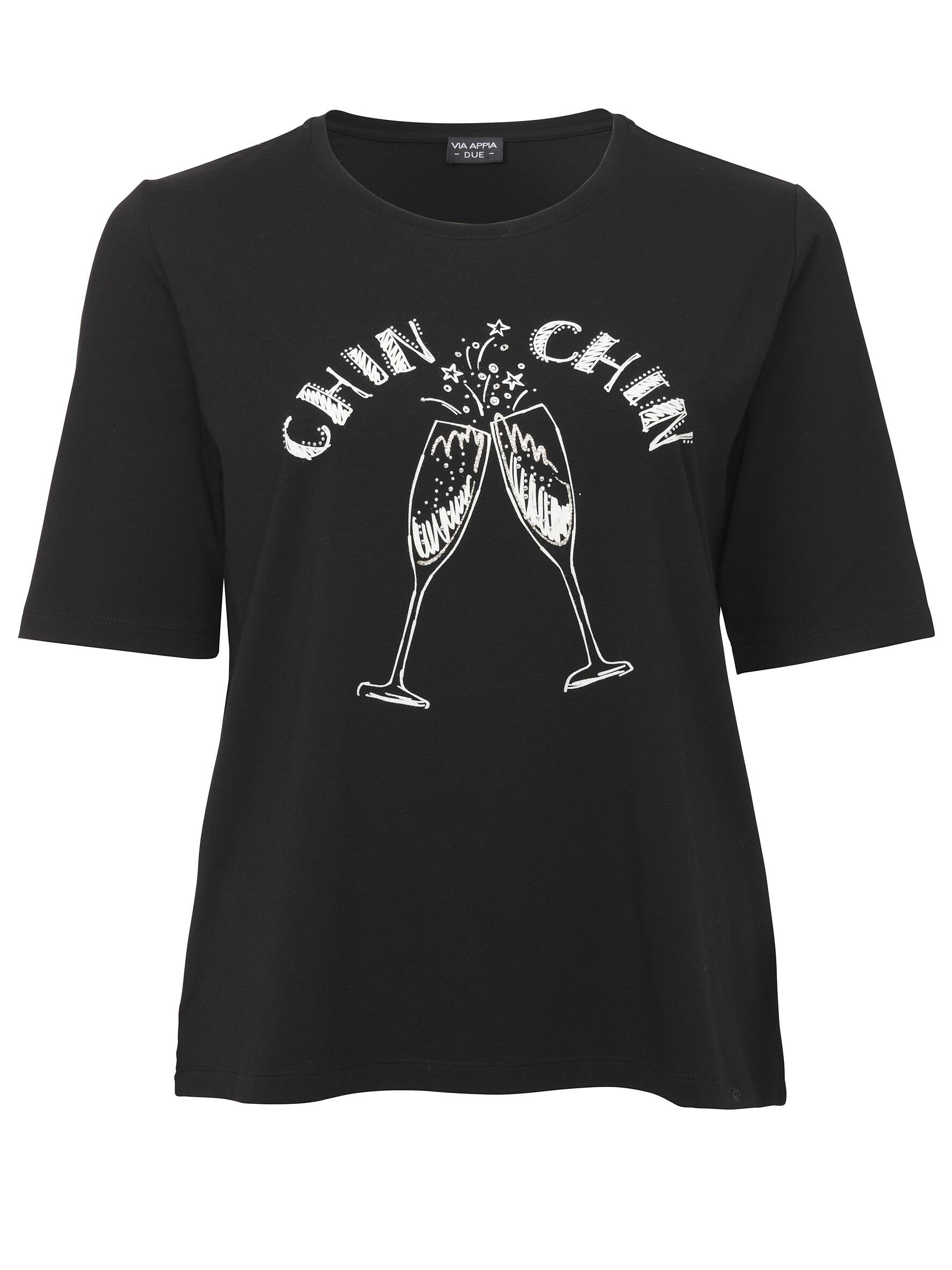 T-Shirt Rundhalsshirt Modernes APPIA schwarz Rundhalsausschnitt mit mit Schmucksteinen DUE multicolor VIA