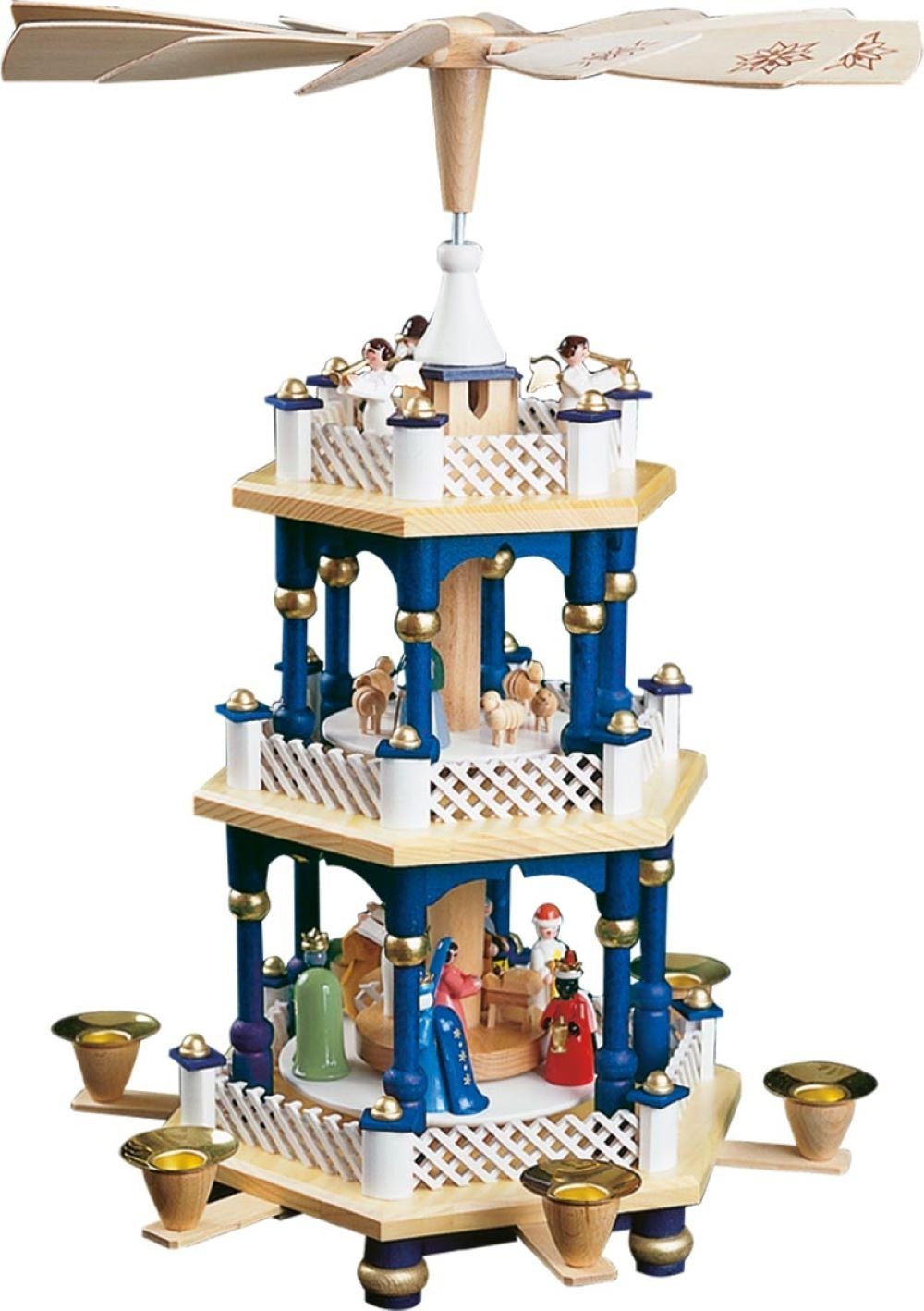 Richard Glaesser Weihnachtspyramide Pyramide Heilige Familie blau 2-stöckig, Höhe 40 cm, Handwerkskunst original Erzgebirge