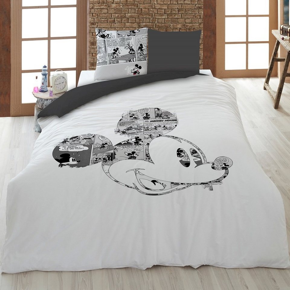 Bettwäsche Disney\'s Mickey Mouse 135x200 + 80x80cm aus 100% Baumwolle,  Familando, Renforcé, 2 teilig, zum 100-jährigen Jubiläum mit Cartoon