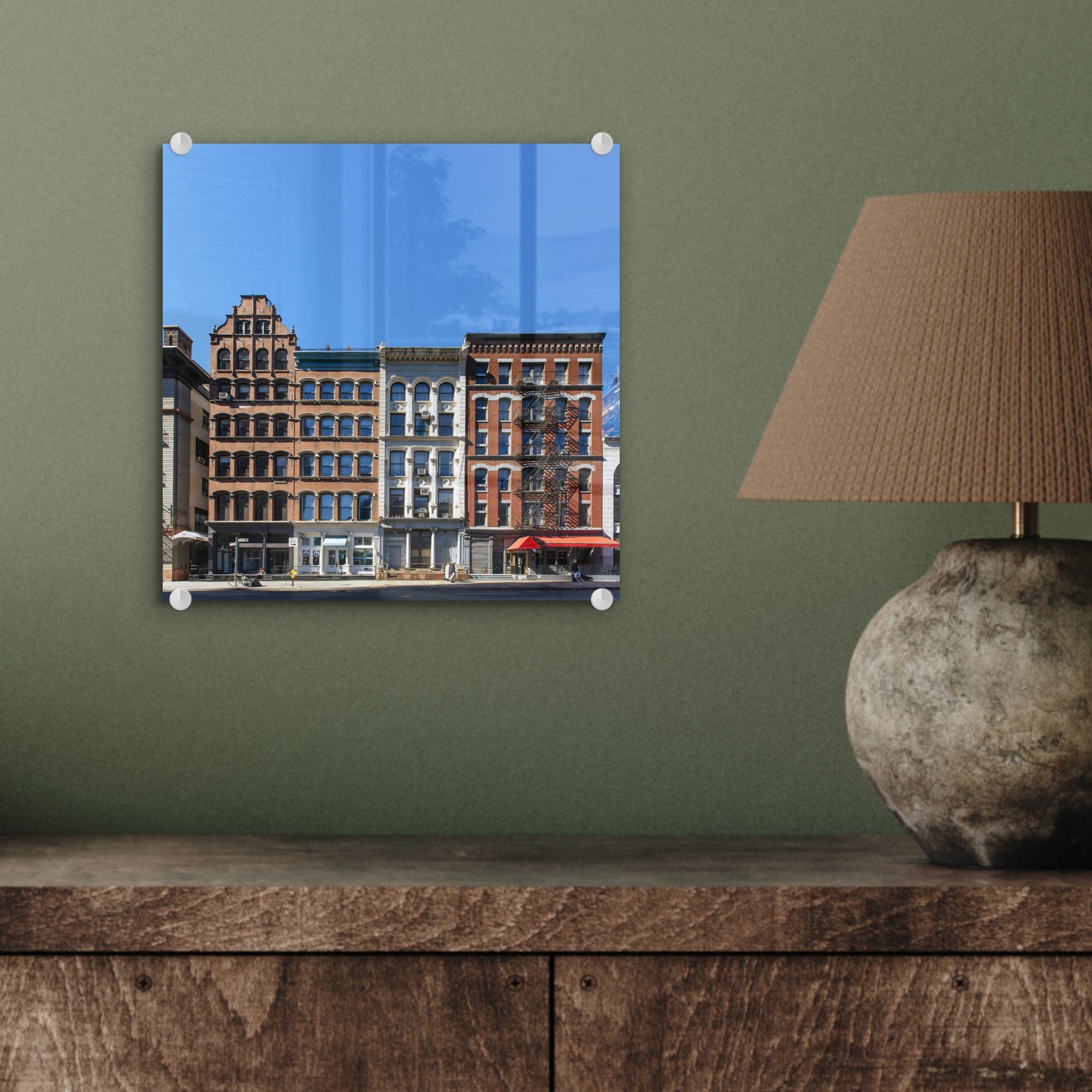 auf Glas Stadt, Acrylglasbild Bilder der auf - Wandbild MuchoWow - in (1 - St), Ein Glas Foto Glasbilder Tribeca-Viertel Wanddekoration
