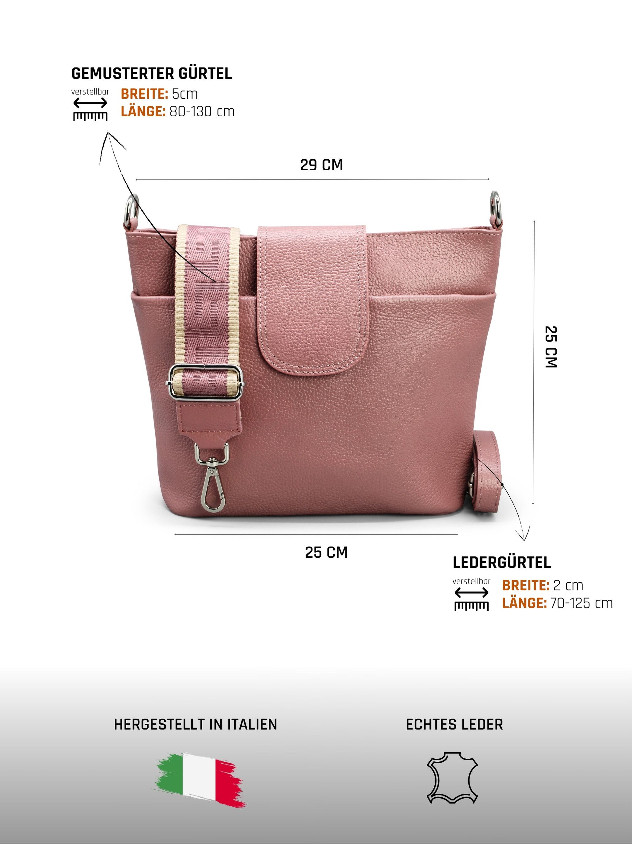 Adel Bags Schultertasche SARA Umhängetasche für Damen, Schultertasche aus Echtleder, 20 Farboptionen, Hergestellt in Italien, mit 2 Riemen