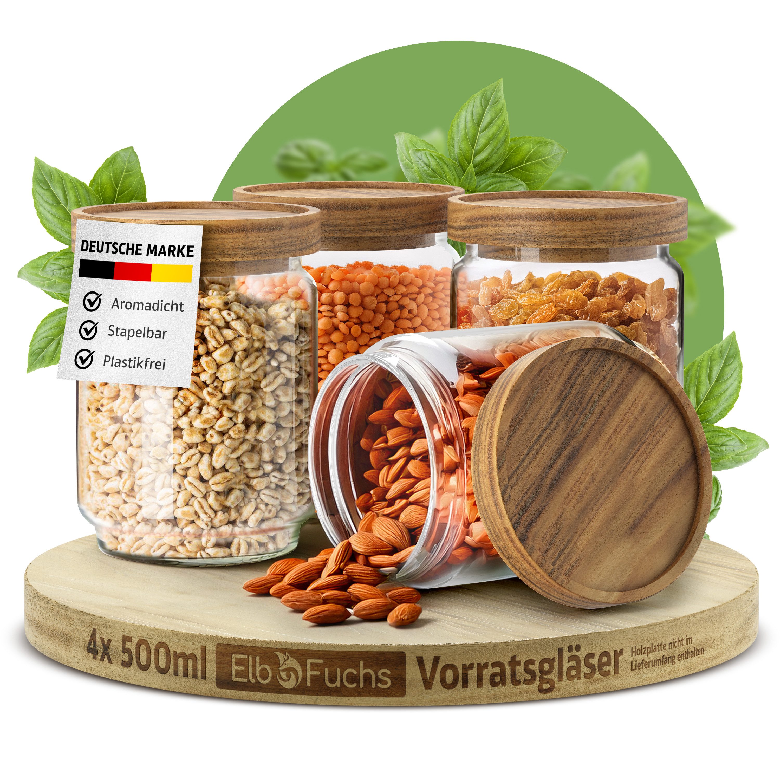 ElbFuchs Vorratsglas mit Holzdeckel, luftdicht schließend, Borosilikatglas, (Set, 4-tlg., 500 ml), BPA-FREI & MOTTENSICHER