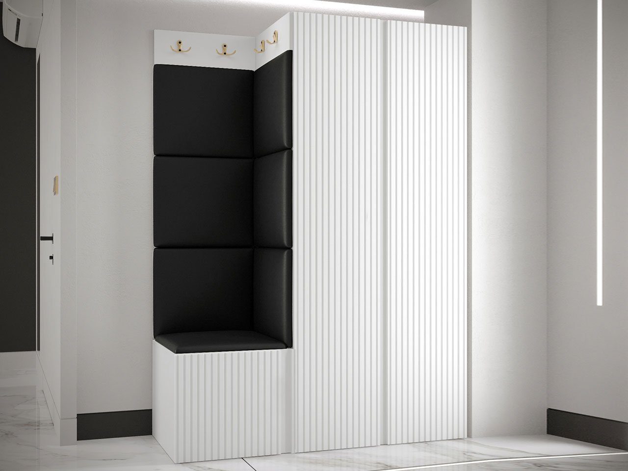 MIRJAN24 Garderoben-Set Orion Ryfel Slim XXIII, (Kleiderschrank, Schuhschrank, Kleiderhakenbrett, 7x Paneel 42x42), 8 Kleiderhaken für Kleidung, Metallgriffe