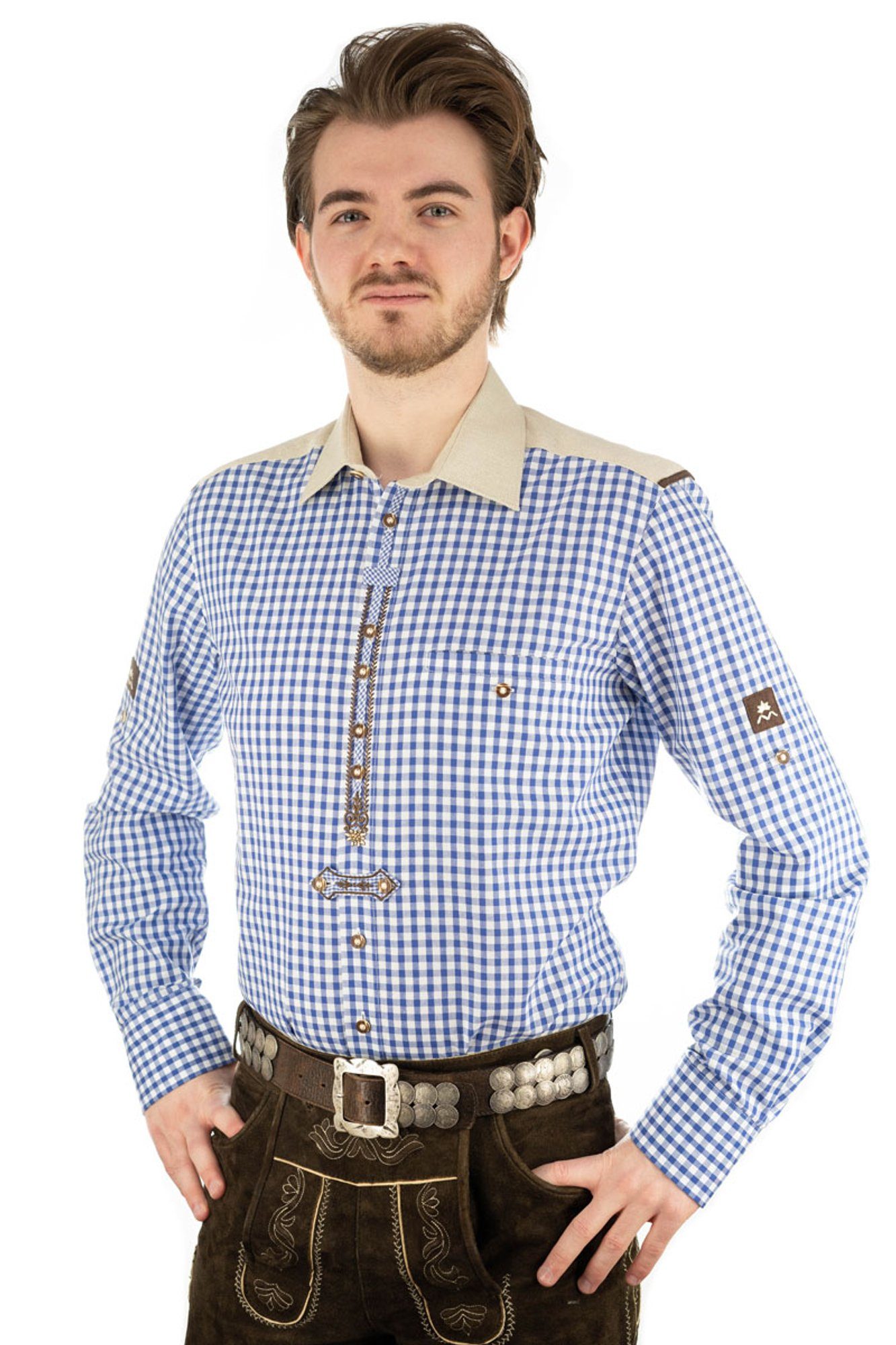 OS-Trachten Trachtenhemd Brelo Langarmhemd mit Paspeltasche, Edelweiß-Stickerei auf der Knopfleiste mittelblau