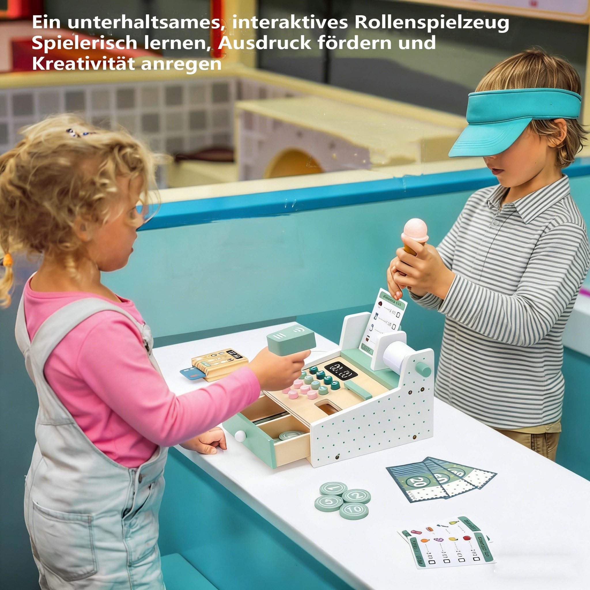CLTYQ Spielkasse Spielkasse Holz-Kassenset,Montessori,Spielgeld Kartenlesegerät, Kaufladen Zubehör, Spielzeug Kasse Kinderab 3 Jahr