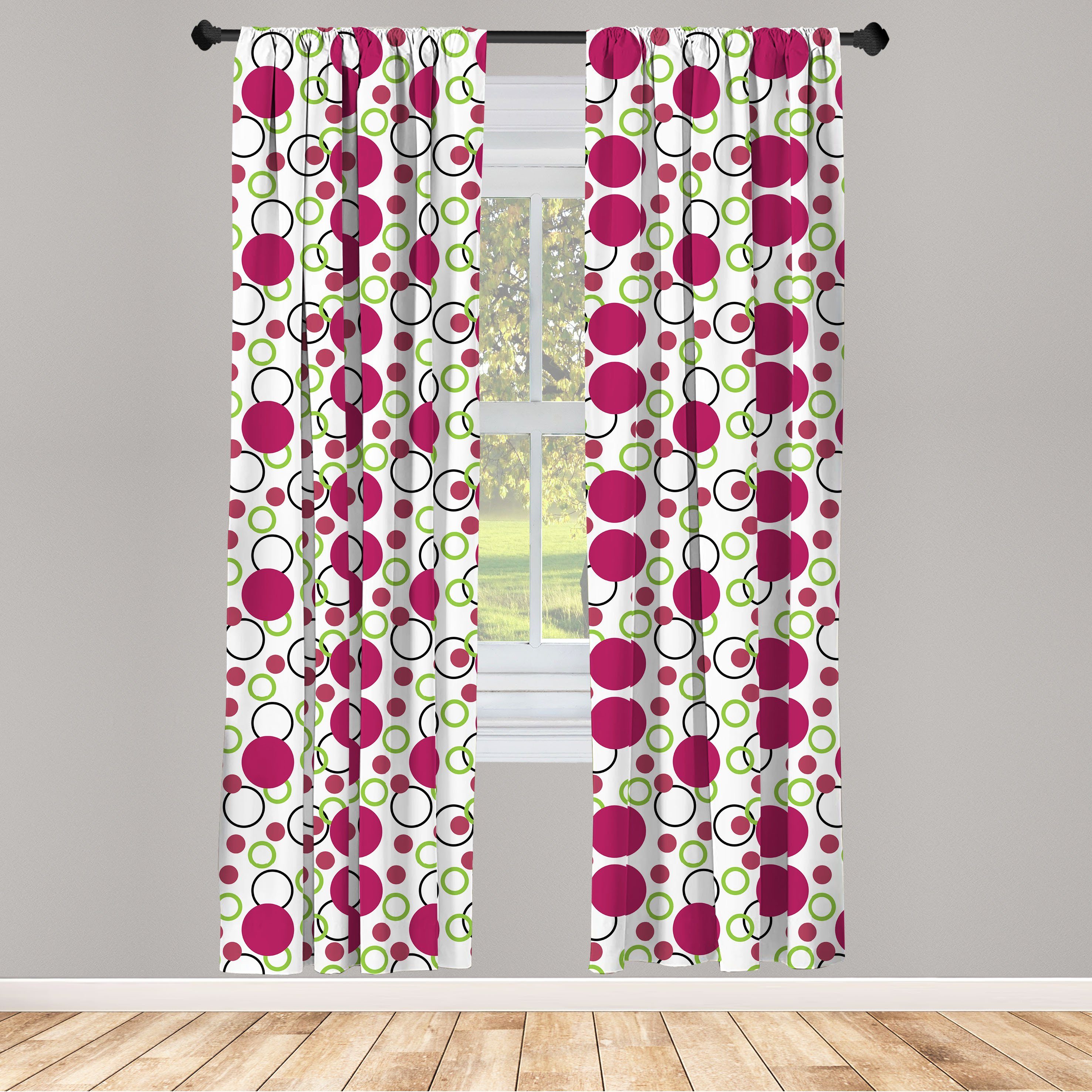 Gardine Vorhang für Wohnzimmer Schlafzimmer Dekor, Abakuhaus, Microfaser, Rosa und Grün Kreise Spots | Fertiggardinen