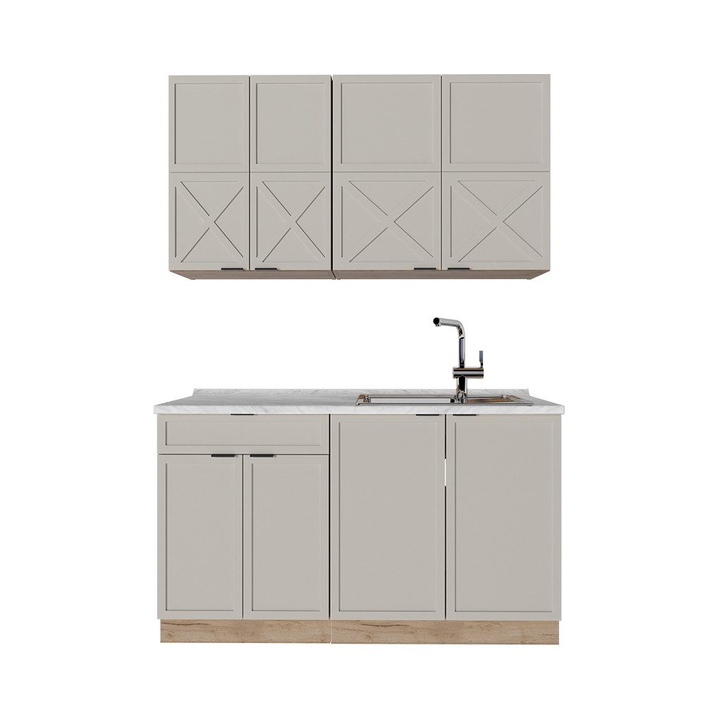 Vicco Küchenzeile Fame-Line, GrauBeige/Goldkraft Eiche/Goldkraft Eiche, 140 cm ohne A...