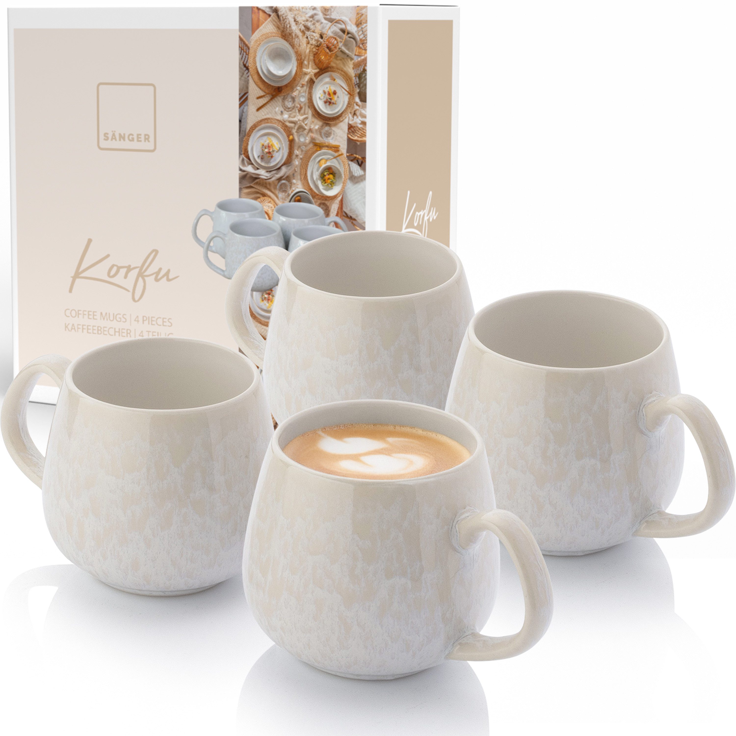 SÄNGER Becher Korfu Kaffeebecher Set (4-teilig), 4-tlg., Steingut, 150ml, Creme Farben, Handmade, Premium Collection