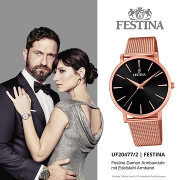 Festina Quarzuhr Festina Damen Uhr F20477/2 Stahl, (Analoguhr), Damen Armbanduhr rund, Edelstahlarmband rosegold