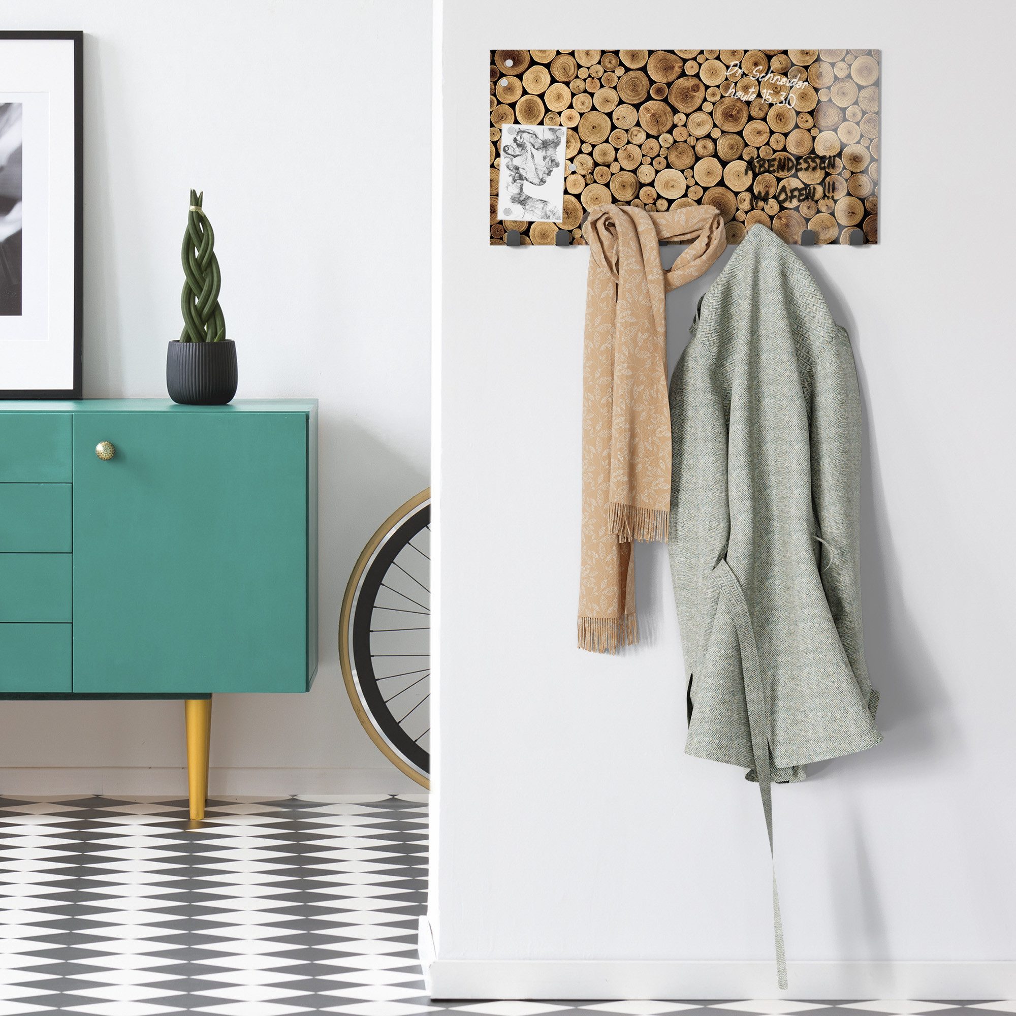 DEQORI Kleiderhaken 'Harmonisches Holzmeer', Glas Garderobe Paneel magnetisch beschreibbar