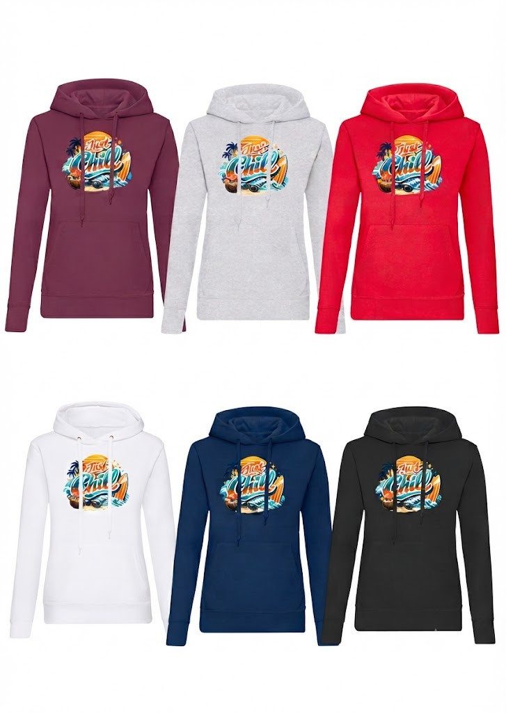 Blondie & Brownie Hoodie Just Chill Damen Hoodie Strandmotiv Print Freizeit Kapuzenpullover (Einzelstück, Einzelartikel) Just Chill Damen Hoodie Küstenwelle