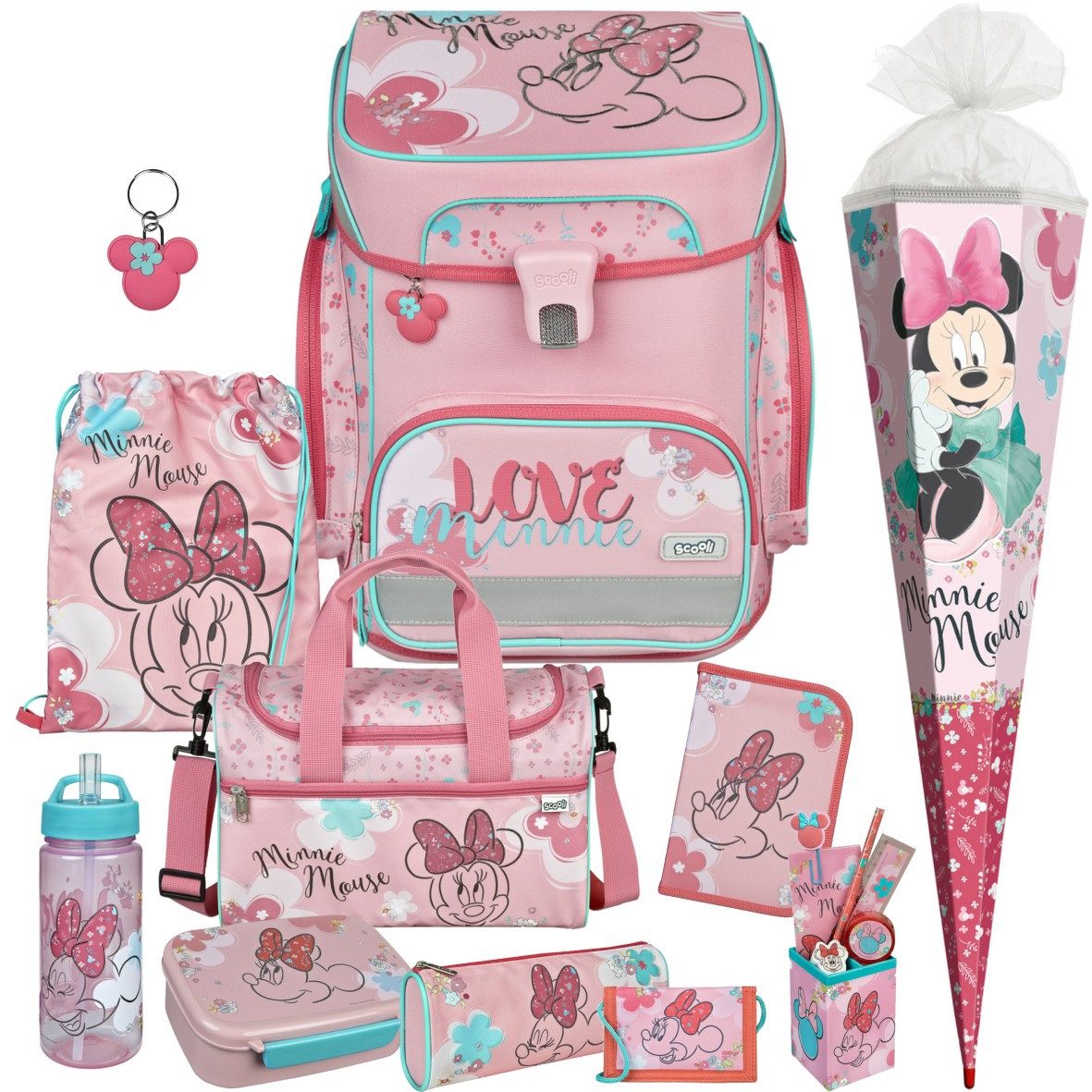 Scooli Schulranzen Mädchen 1.Klasse Minnie Mouse (Schulranzen-Set, 11-tlg., mit Sporttasche,Tüte R,Brotdose,Trinkflasche,Brustbeutel,Stifteköcher)