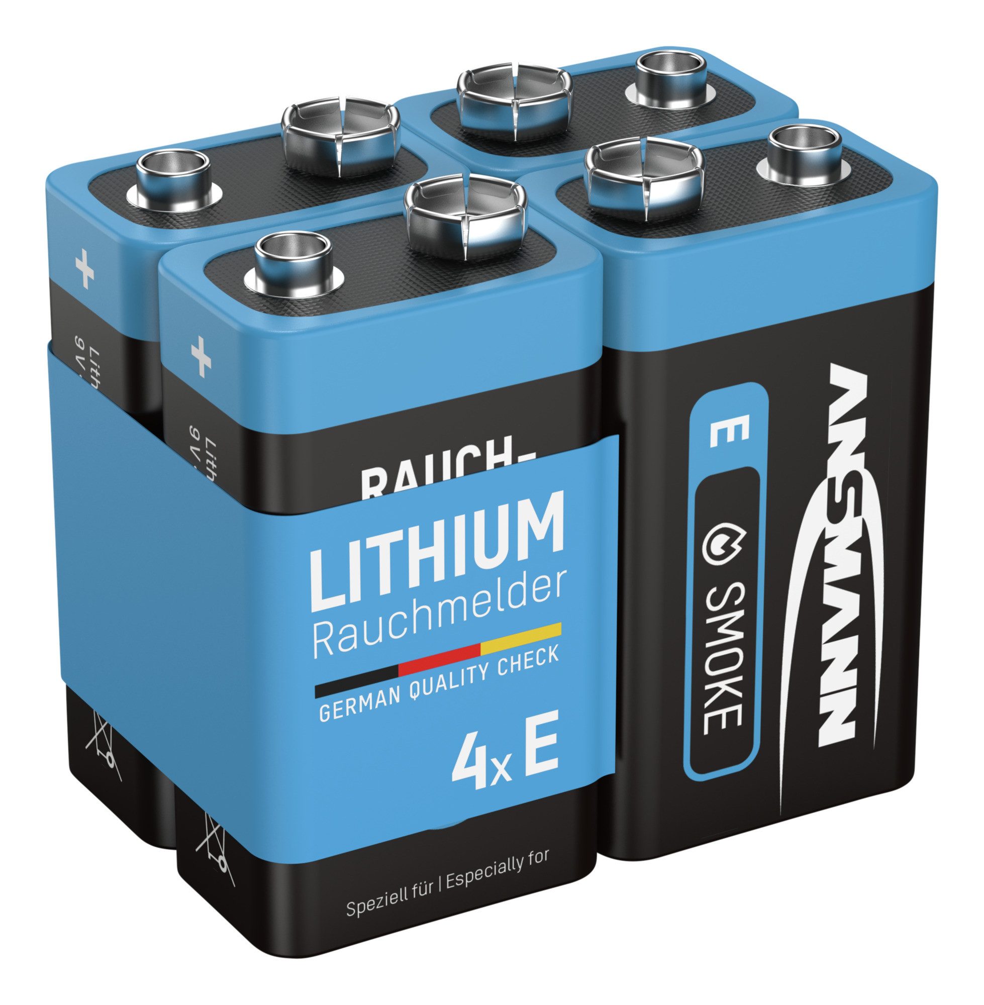 ANSMANN AG Rauchmelder Extrem Lithium Batterie 9V E-Block, 4 Stück Batterie