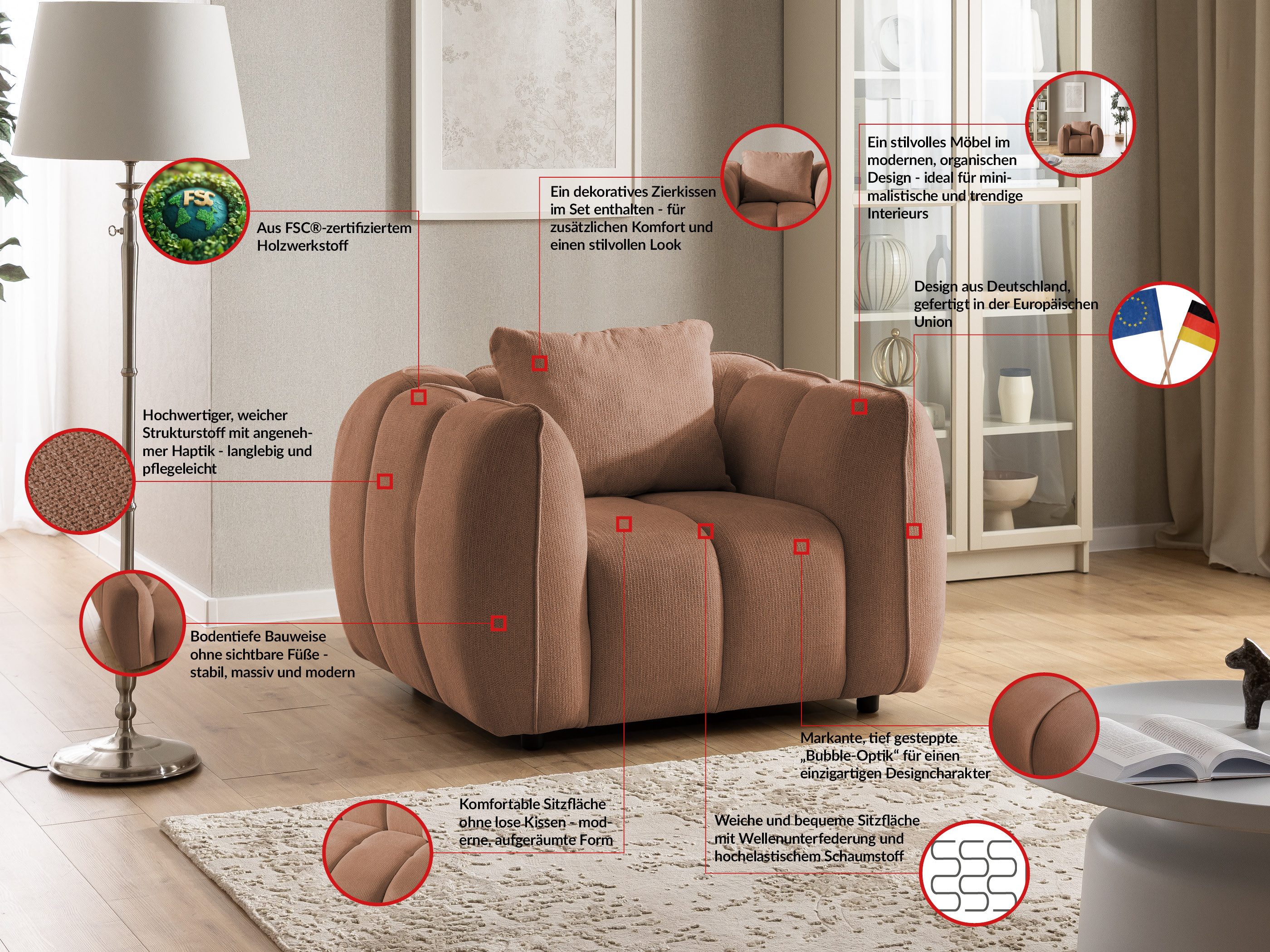 S-Style Möbel Sessel Nubira in tief gesteppter Bubble-Optik aus weichem Strukturstoff, mit modernem Design und Wellenfederung