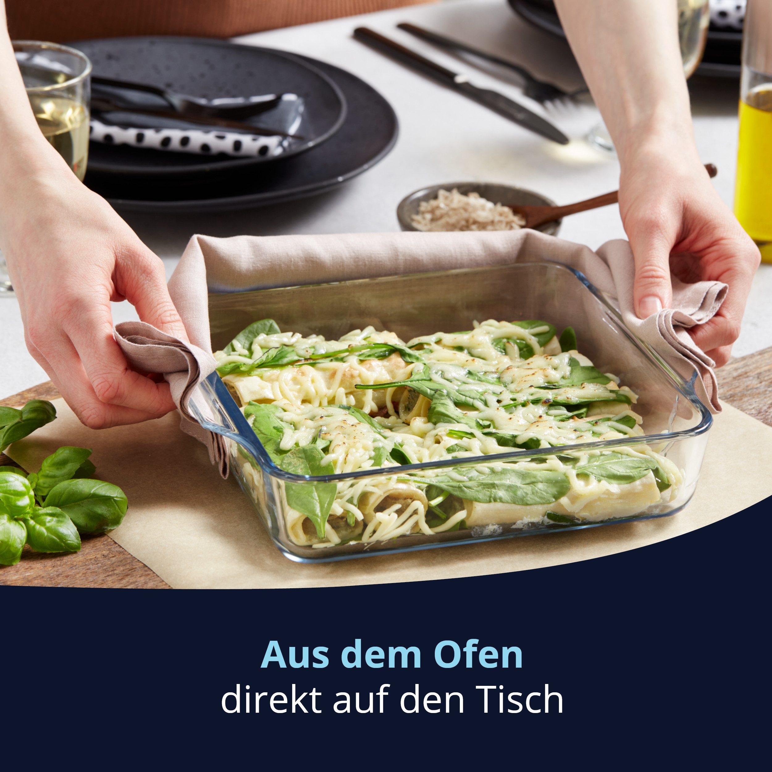 KHG Auflaufform aus Glas 1,5 Liter quadratisch für kalte & warme Speisen, Glas, temperaturbeständig -40 bis 450°C; mikrowellengeeignet