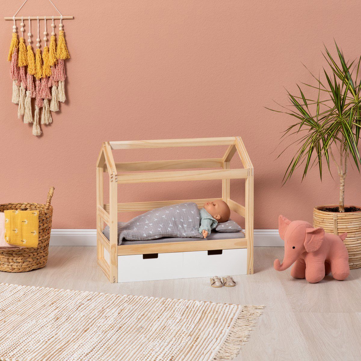 MUSTERKIND® Puppenbett Puppen-Hausbett Viola, natur/weiß, aus Holz
