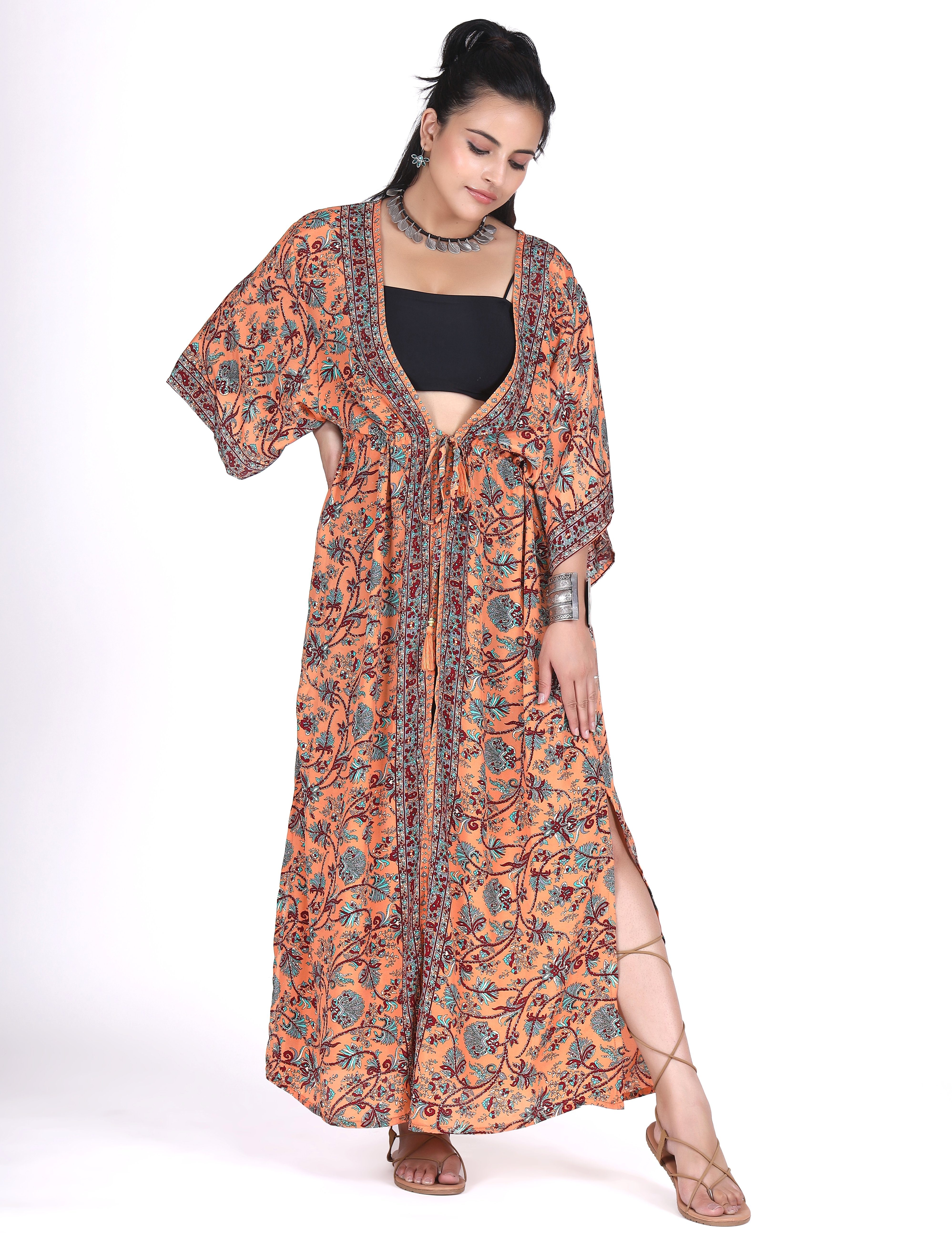 Guru-Shop Kimono Bekleidung seidig apricot Kimonokleid, Kimono,.., glänzender Boho alternative
