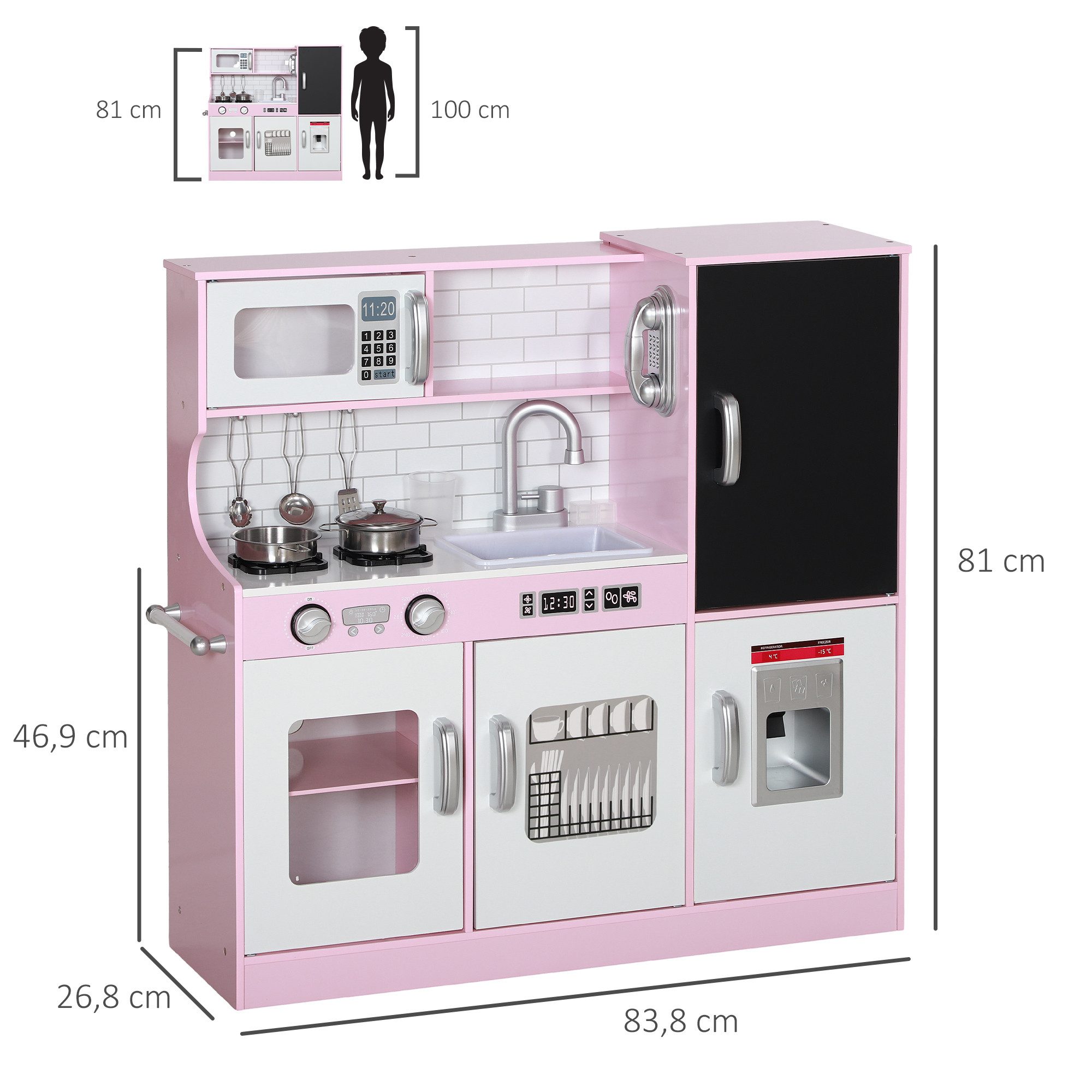 AIYAPLAY Spielküche Kinderküche mit Spielzeug Telefon, Kreidetafel, Puppenküche MDF, Geschenk für 3-8 Jahre Kinder, Rosa