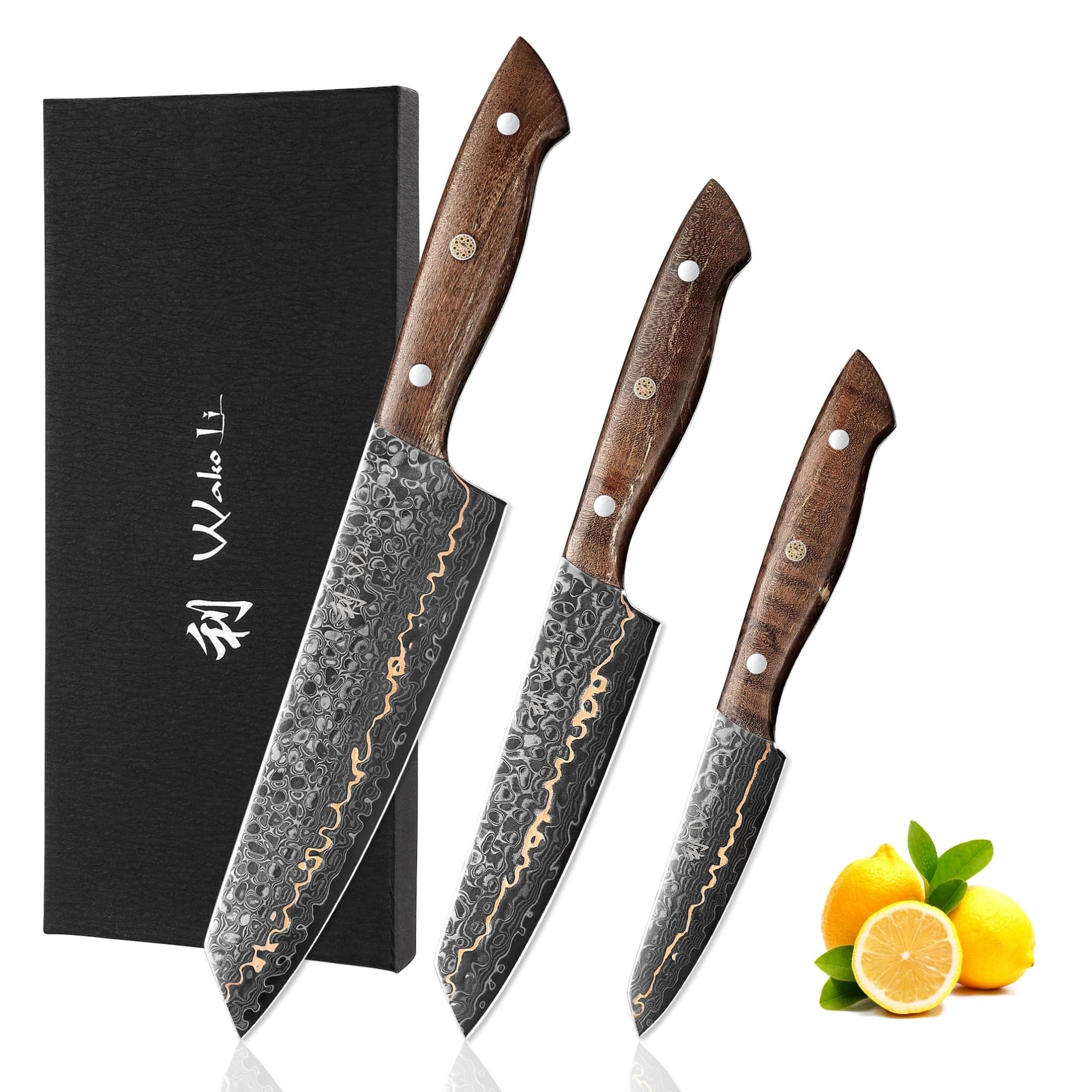 Wakoli Messer-Set Damast 3er-Messerset Küchenmesser Kochmesser 9-18cm Klingen mit Kupfer (Damastmesser-Set mit Geschenkbox, 3-tlg., 3er Damastmesser-Set), Damaststahl, Kupfereinlage, VG10