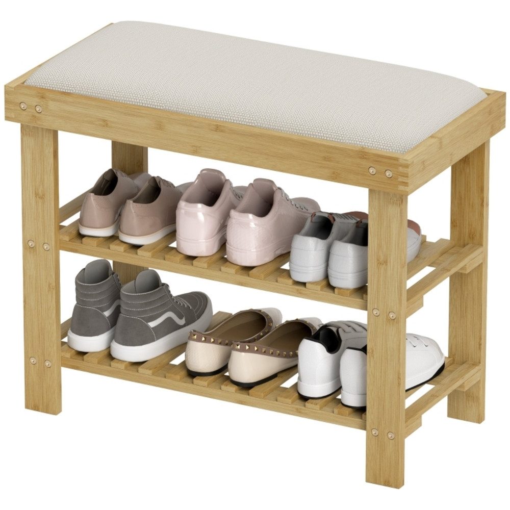 OKWISH Schuhbank 60x49x29 cm mit Sitzkissen aus Bambus – Cremeweiß (Packung, 1-St., Sitzfläche mit Stauraum & 2 offenen Fächern), Garderobenbank für Wohnzimmer & Flur, platzsparend