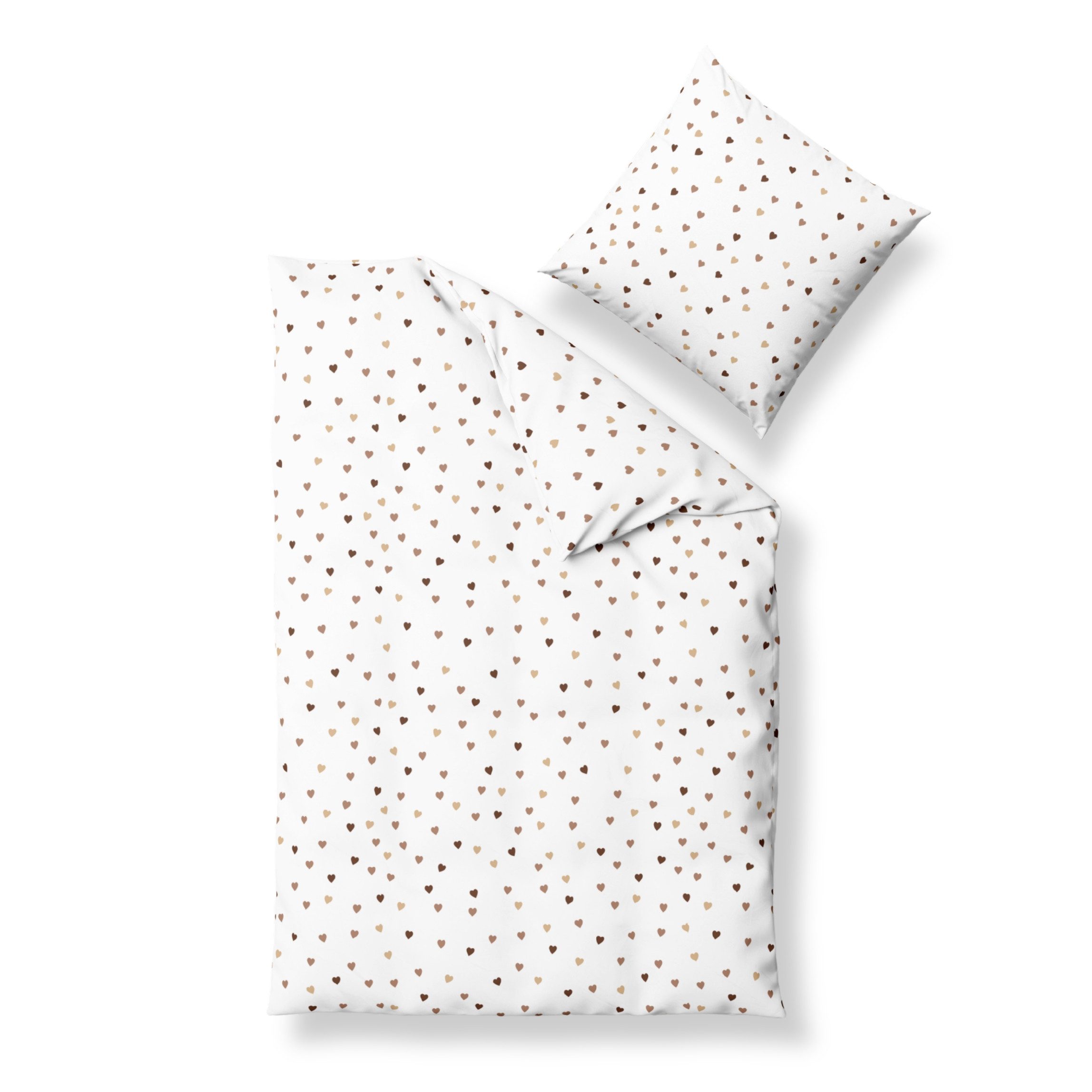 MTOnlinehandel Bettwäsche „Little Hearts“ Flanell, warmes Weiß mit Herzmuster in Naturtönen, 100% Baumwolle, 2 teilig, kuschelig, warm und pflegeleicht, Geschenkidee zum Valentinstag
