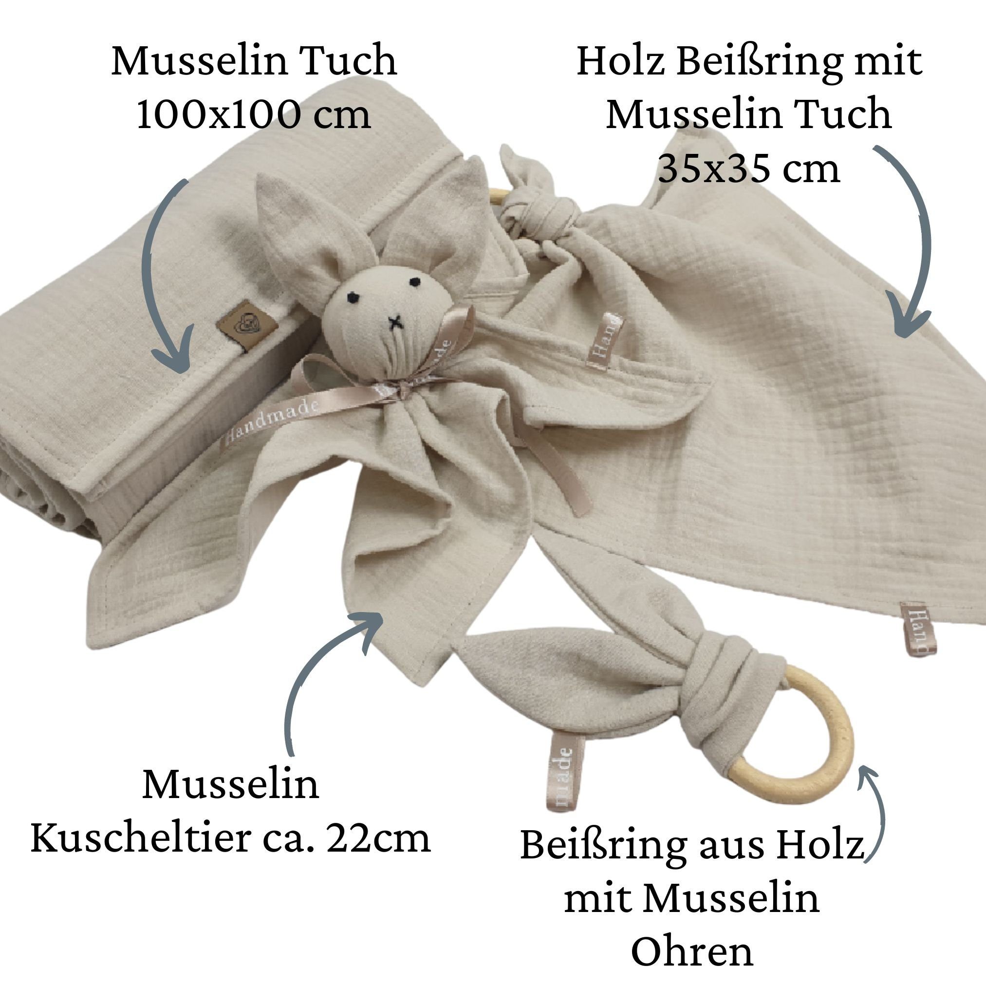 Babymajawelt Neugeborenen-Geschenkset Musselin Geschenk Set 4 tlg Beißring Knistertuch etc. (Motorik & Sinne Set, 4-tlg., 4 Teile: Beißring, Beißtuch, Kuscheltier, Musselintuch) Geschenk zur Geburt, Erstausstattung Besonders Weich & Zart