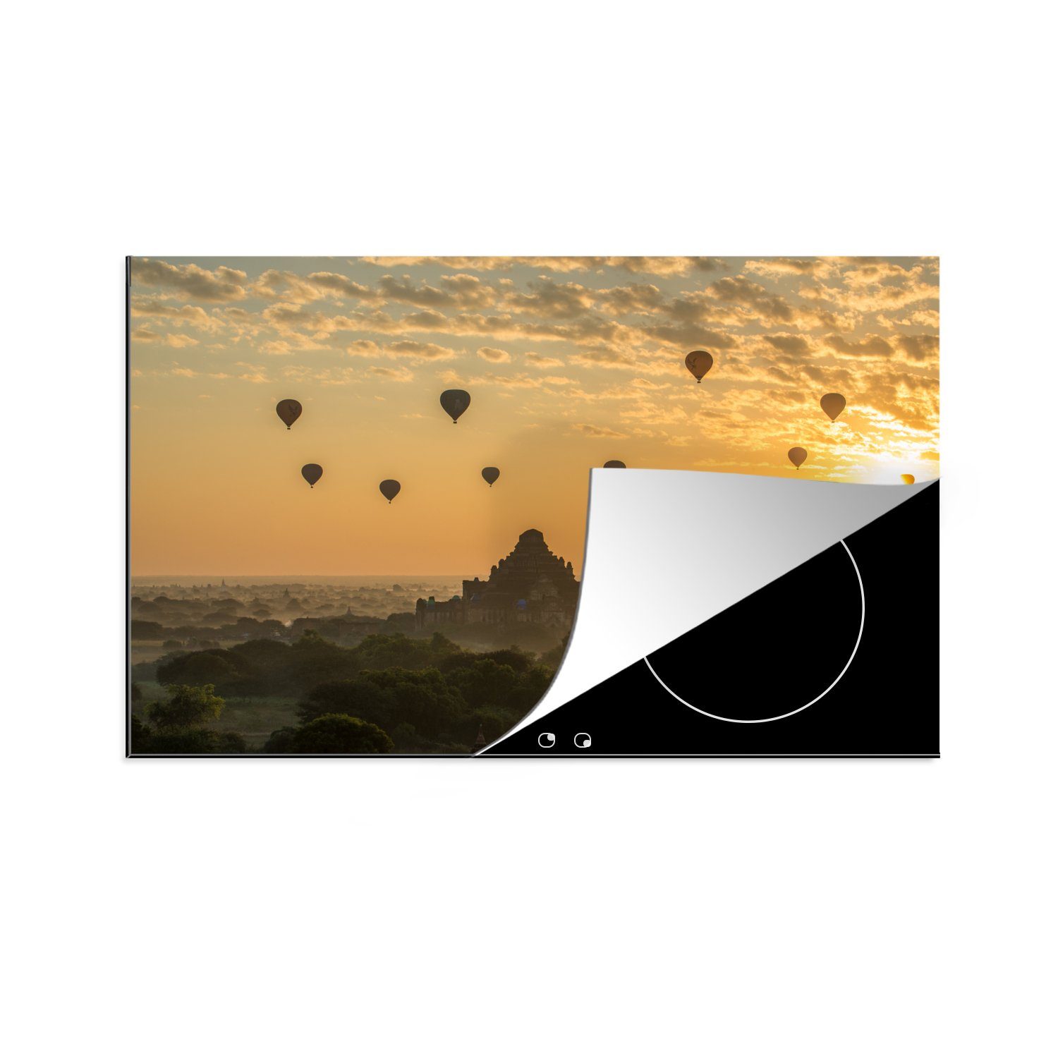 MuchoWow Herdblende-/Abdeckplatte Silhouette eines Tempels in Bagan vor einem Sonnenuntergang, Vinyl, (1 tlg), 81x52 cm, Induktionskochfeld Schutz für die küche, Ceranfeldabdeckung