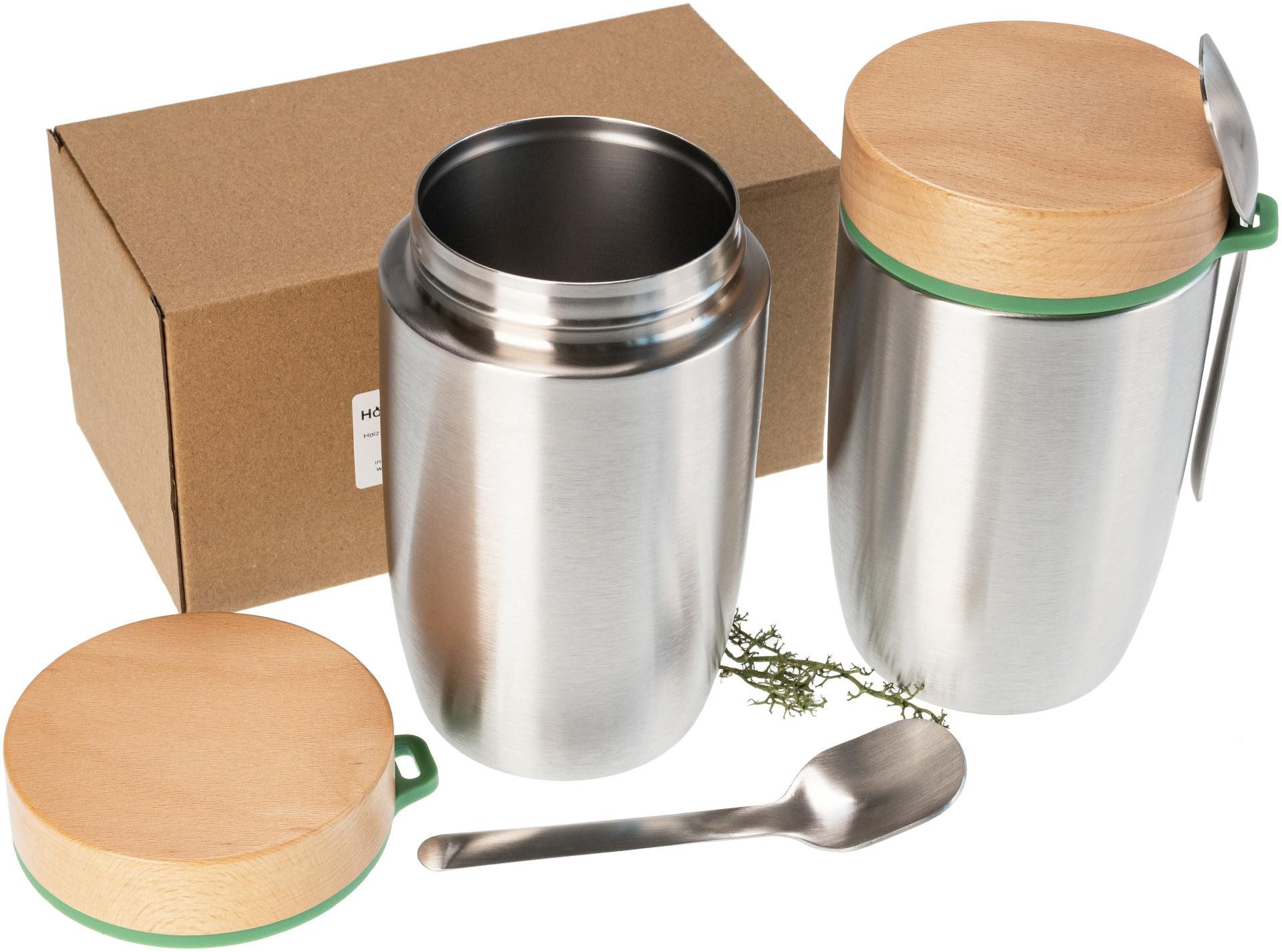 Holz Frank Lunchbox Edelstahl Lunchbox isoliert 0,5 l mit FSC® Holzdeckel und Löffel, Edelstahl, Premium 316 Edelstahl
