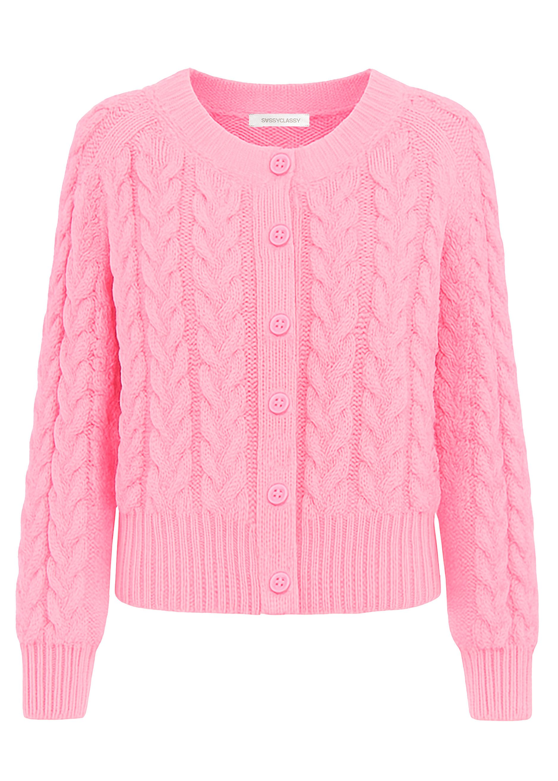 SASSYCLASSY Cardigan Zopfstrick Cardigan mit Rundhalsausschnitt Damen Gemütliche Strickjacke mit durchgehender Knopfleiste und Wollanteil