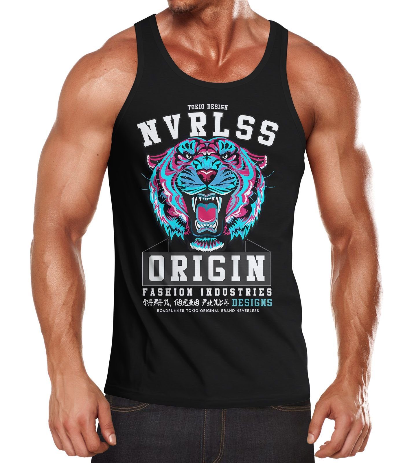 Neverless Tanktop Herren Tank-Top Tiger-Kopf Origin Tokio Design Schriftzug günstig online kaufen