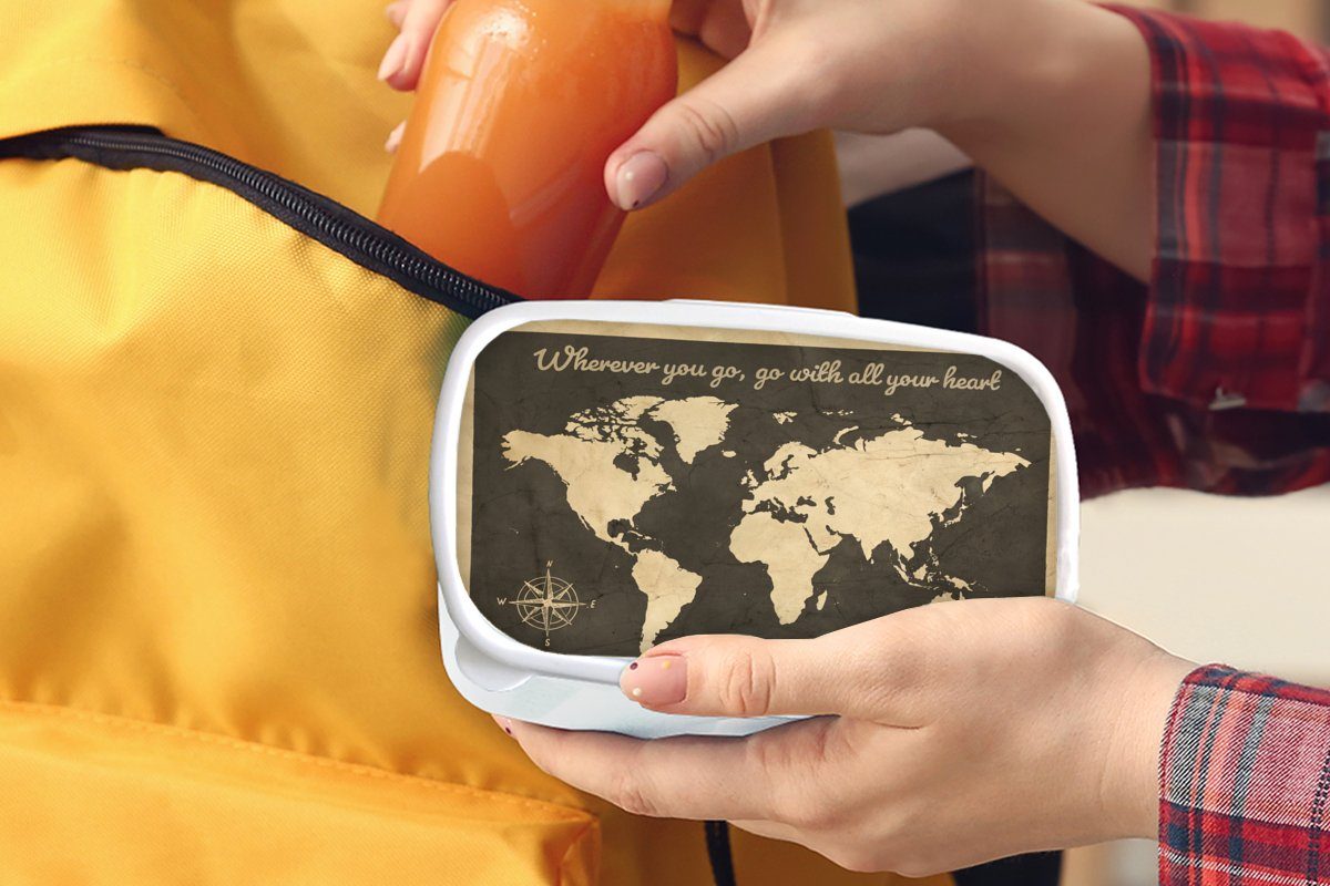 Weltkarte weiß Lunchbox Jungs Mädchen Erwachsene, und (2-tlg), Brotdose, Brotbox Kompassrose Kinder für Kunststoff, - Zitat, - und für MuchoWow
