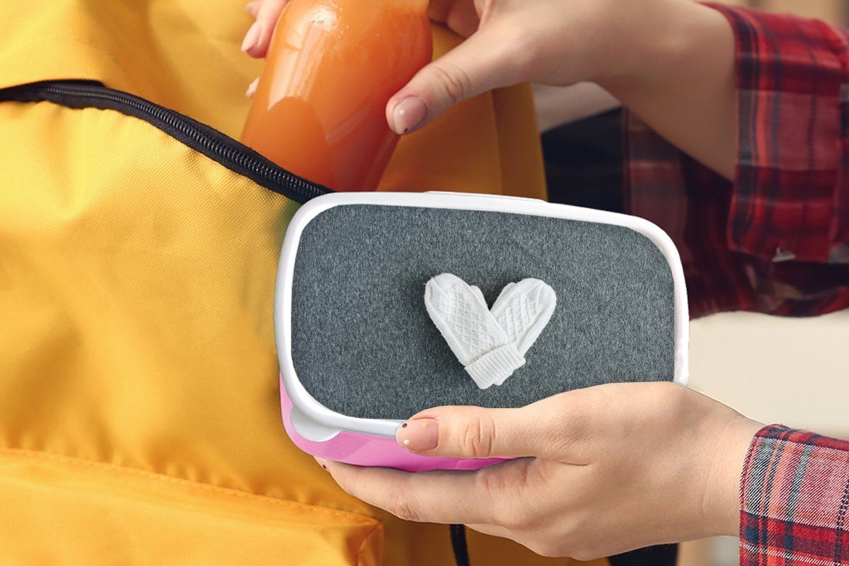 MuchoWow Lunchbox Winter - (2-tlg), Brotdose Kinder, Kunststoff rosa Herz, Brotbox Handschuhe - Snackbox, Kunststoff, Mädchen, Erwachsene, für