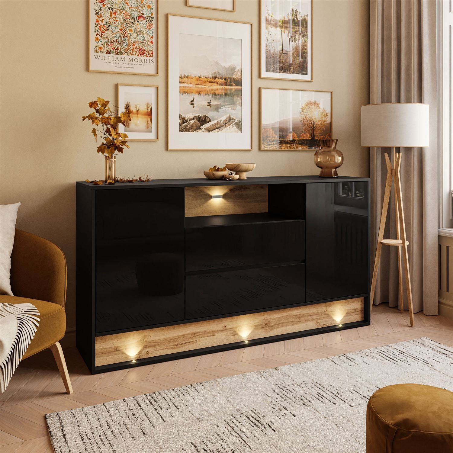 ALLHOUSE24 Kommode MILA 160 cm mit Einsatz aus Wotan Eiche Sideboard LED Beleuchtung (1x Kommode), Breite 160 cm